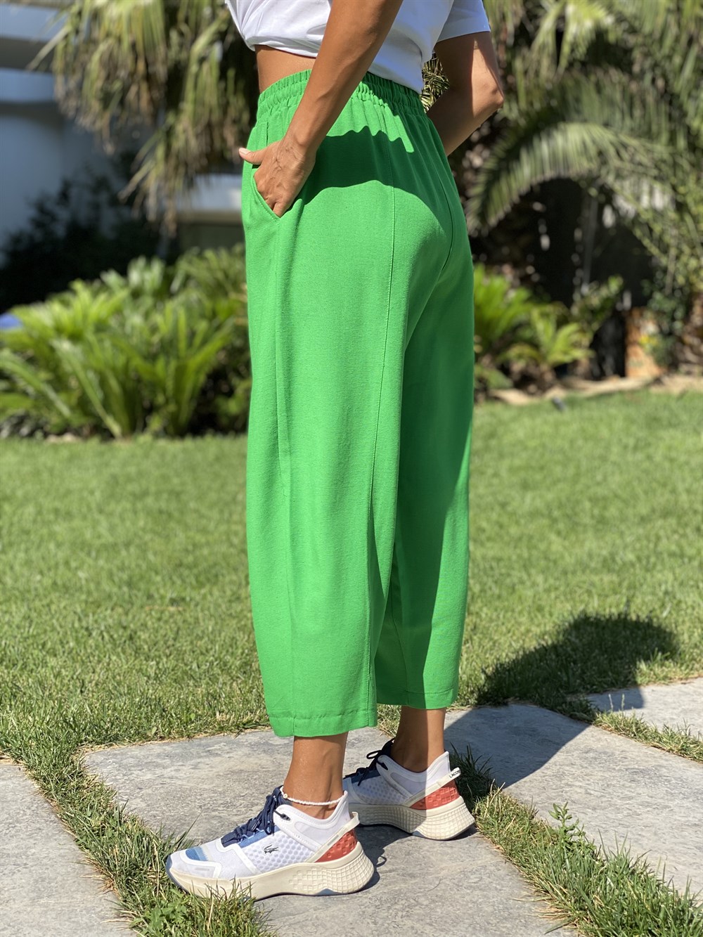 Yeşil Ham Keten Bel Lastikli Kadın Pantolon