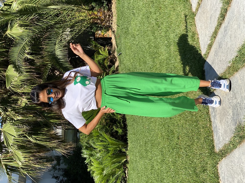 Yeşil Ham Keten Bel Lastikli Kadın Pantolon