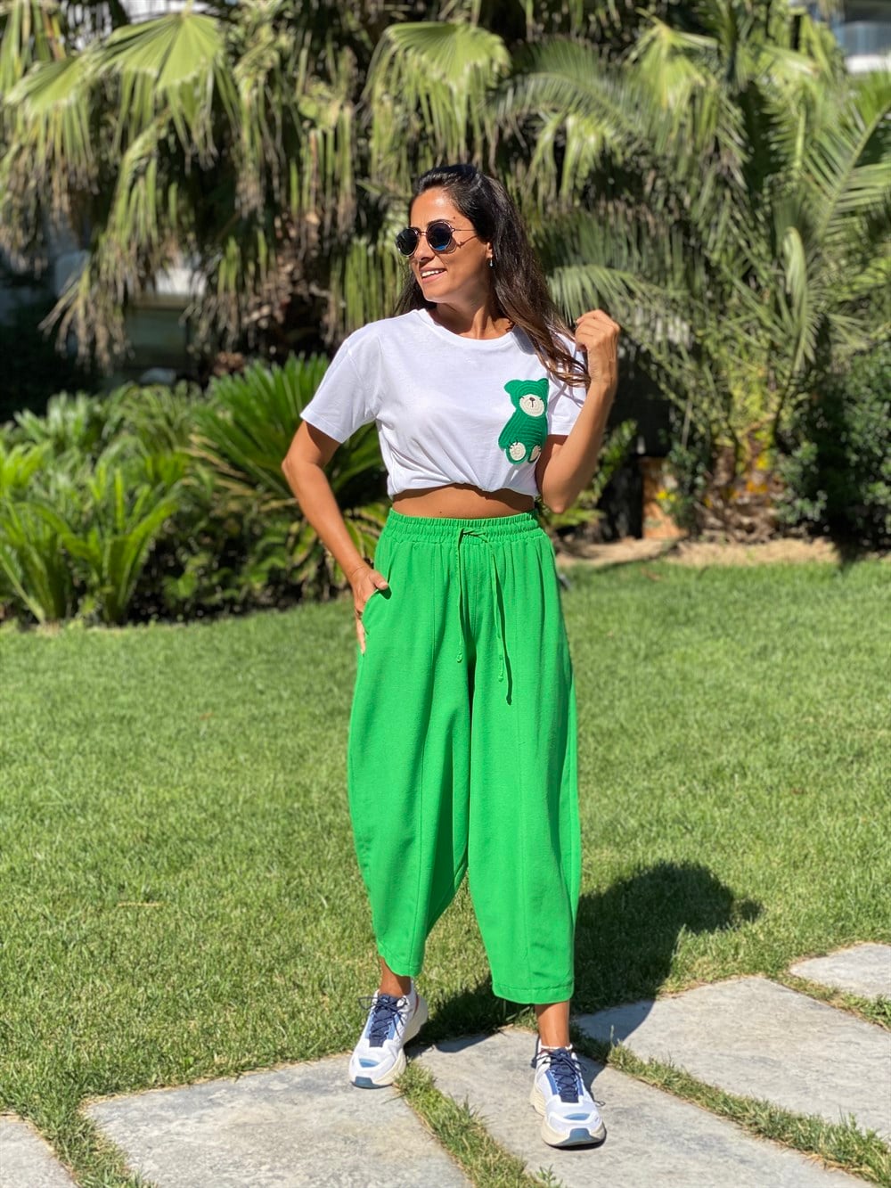 Yeşil Ham Keten Bel Lastikli Kadın Pantolon