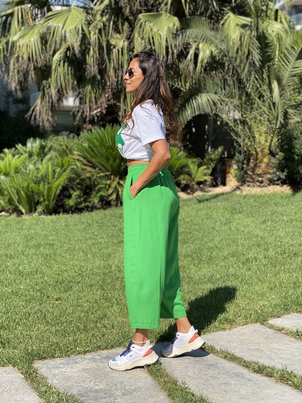 Yeşil Ham Keten Bel Lastikli Kadın Pantolon