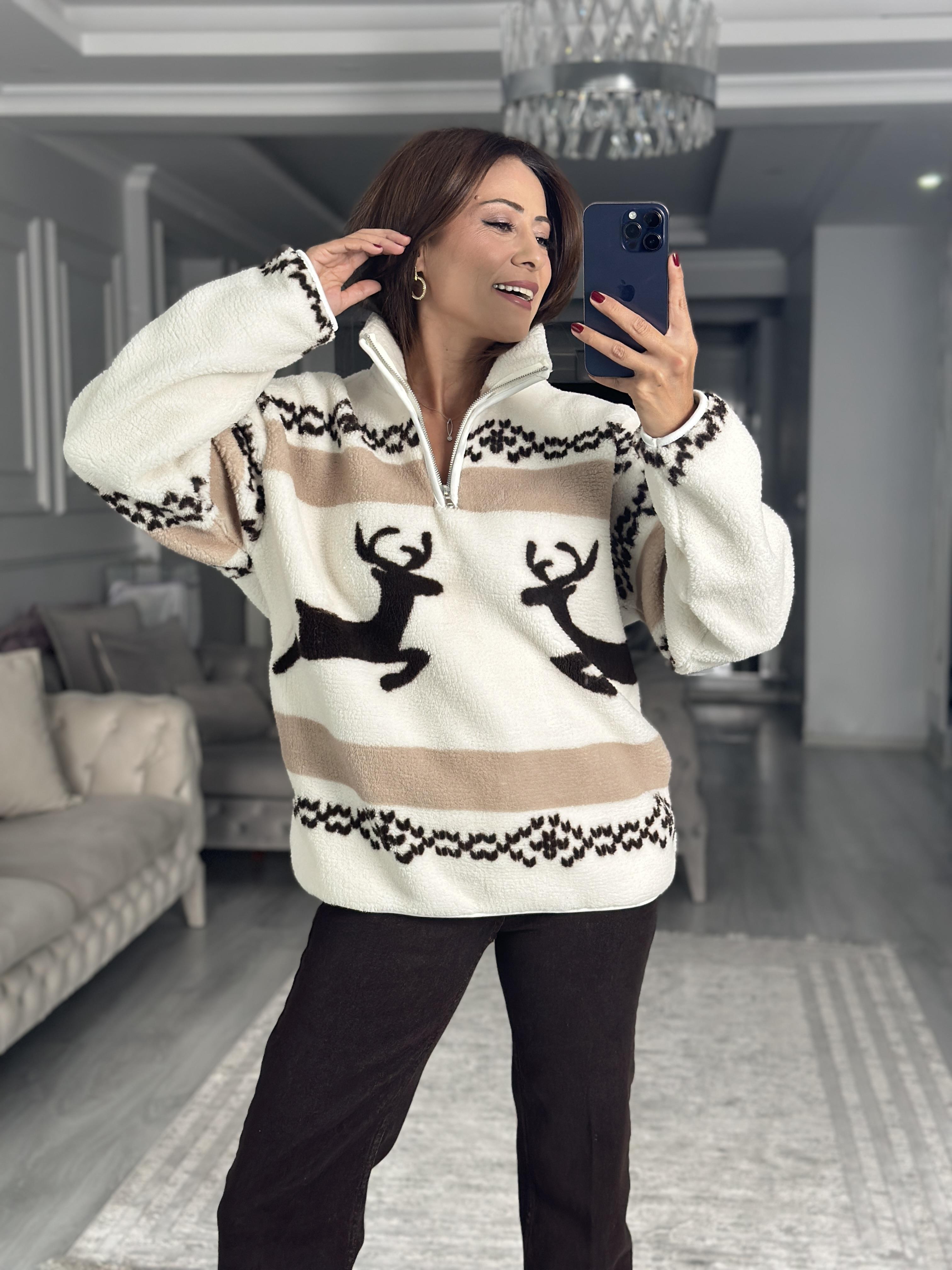Kahve Geyik Desenli Yarım Fermuarlı Peluş Kadın Sweatshirt