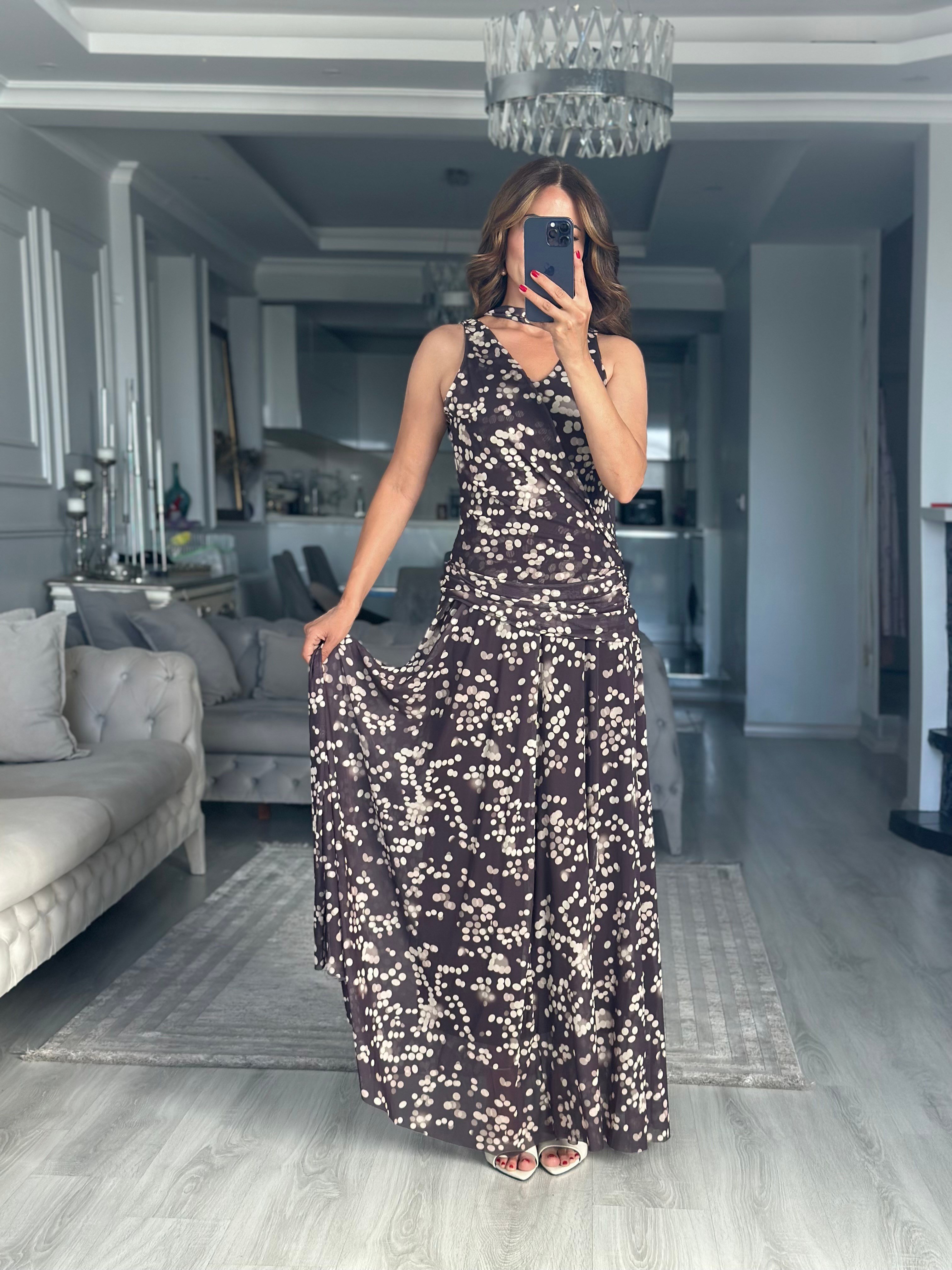 Kahve Puantiyeli V Yaka Çapraz Drapeli Maxi Boy Kadın Elbise