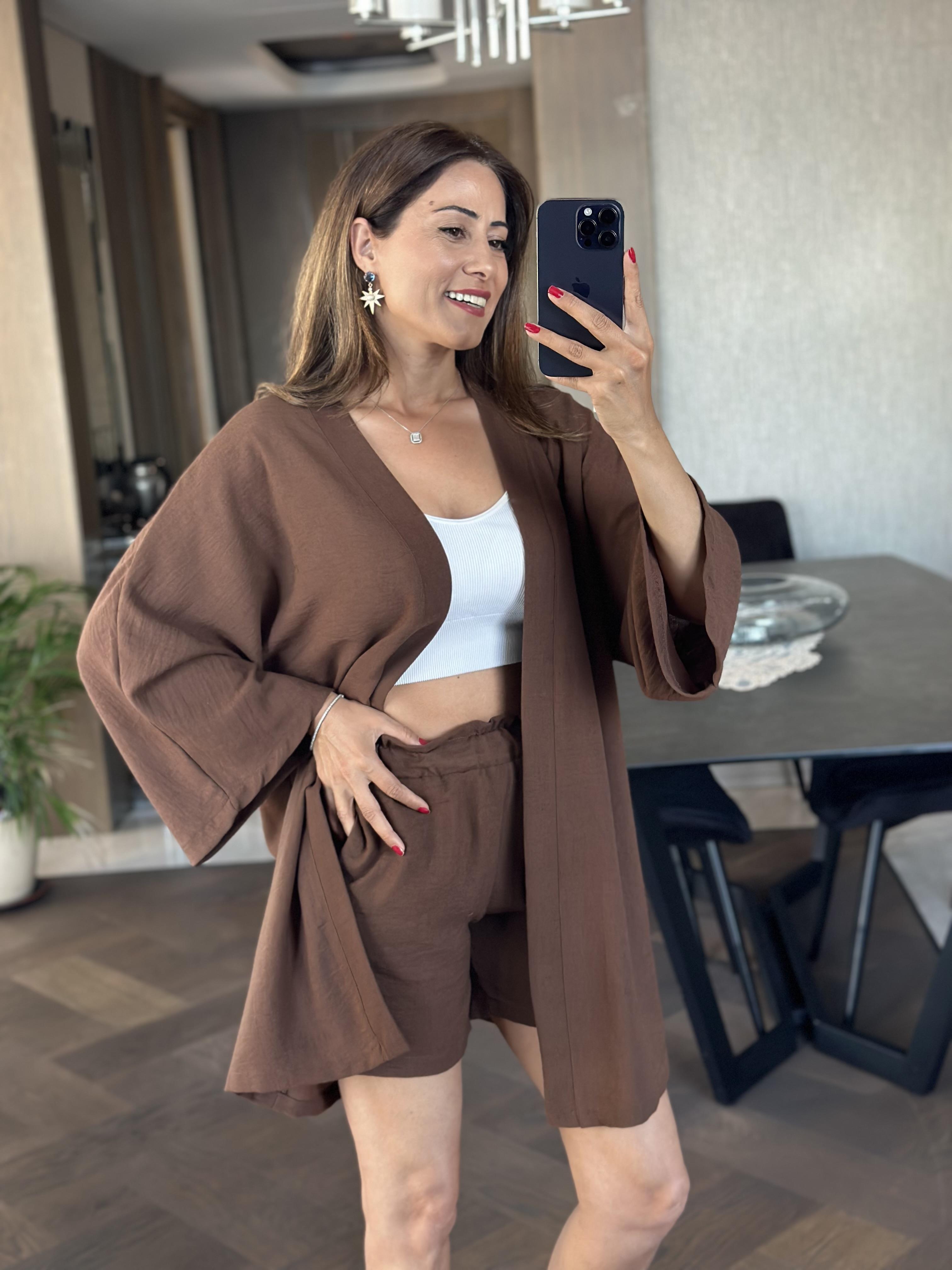 Kahverengi Aerobin Şortlu Kimono Kadın Alt Üst Takım