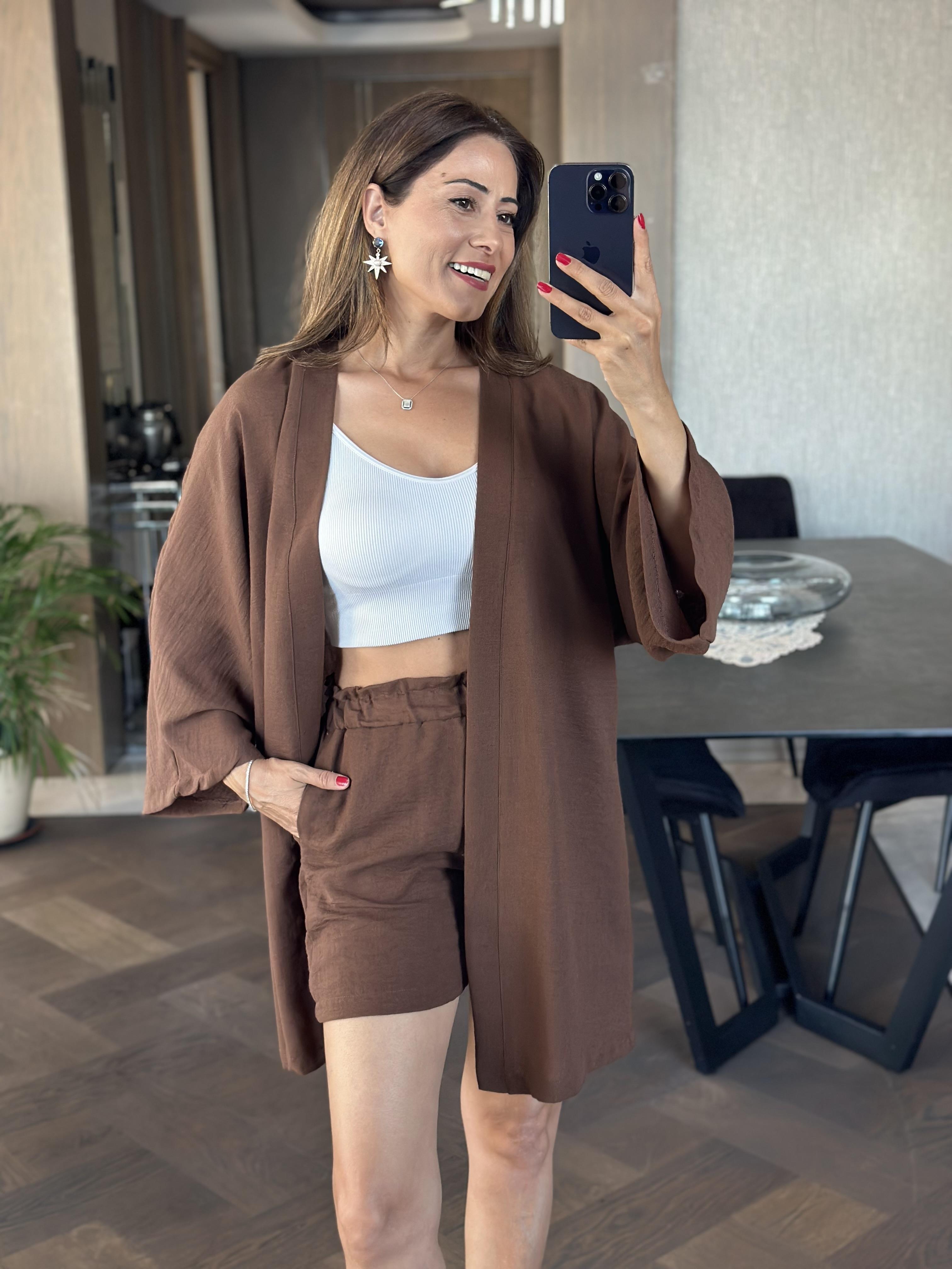 Kahverengi Aerobin Şortlu Kimono Kadın Alt Üst Takım