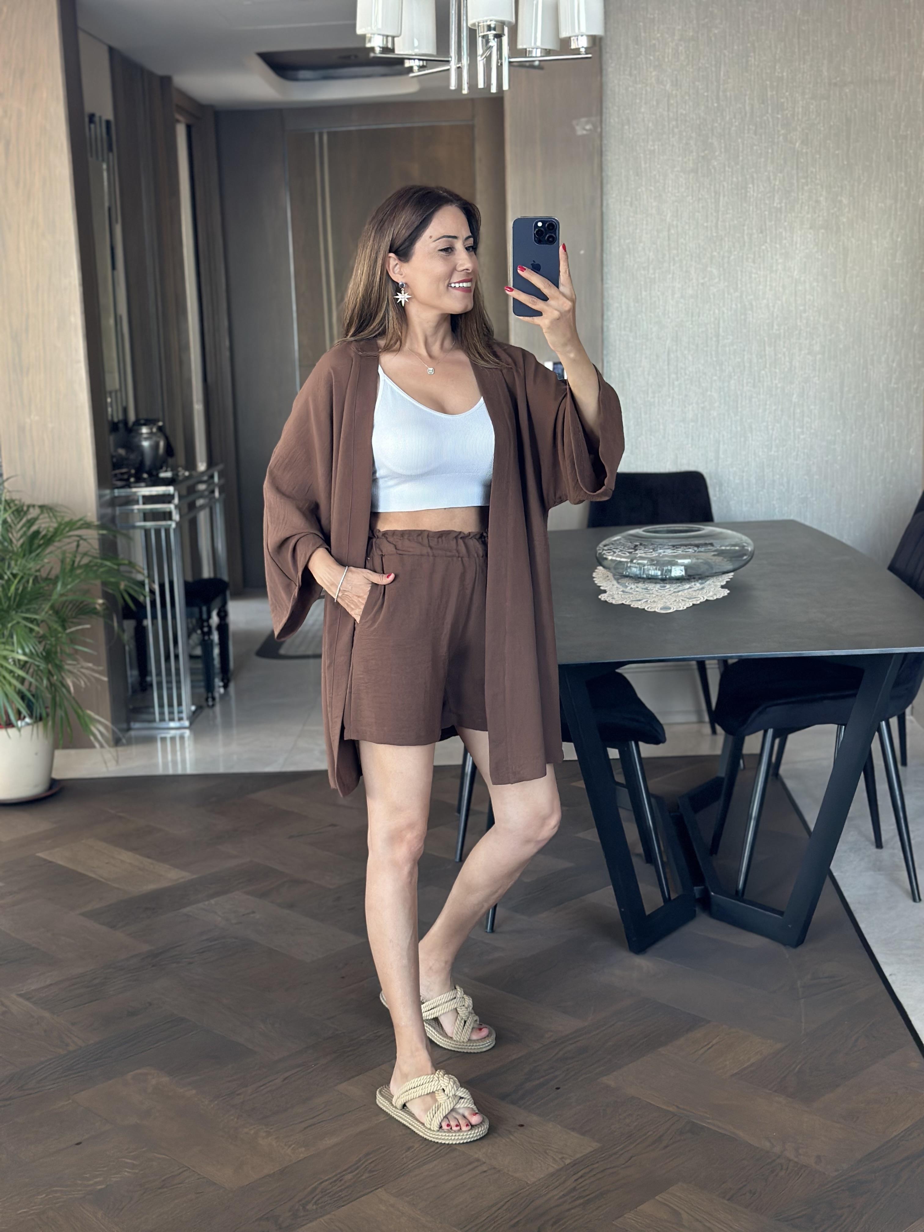 Kahverengi Aerobin Şortlu Kimono Kadın Alt Üst Takım