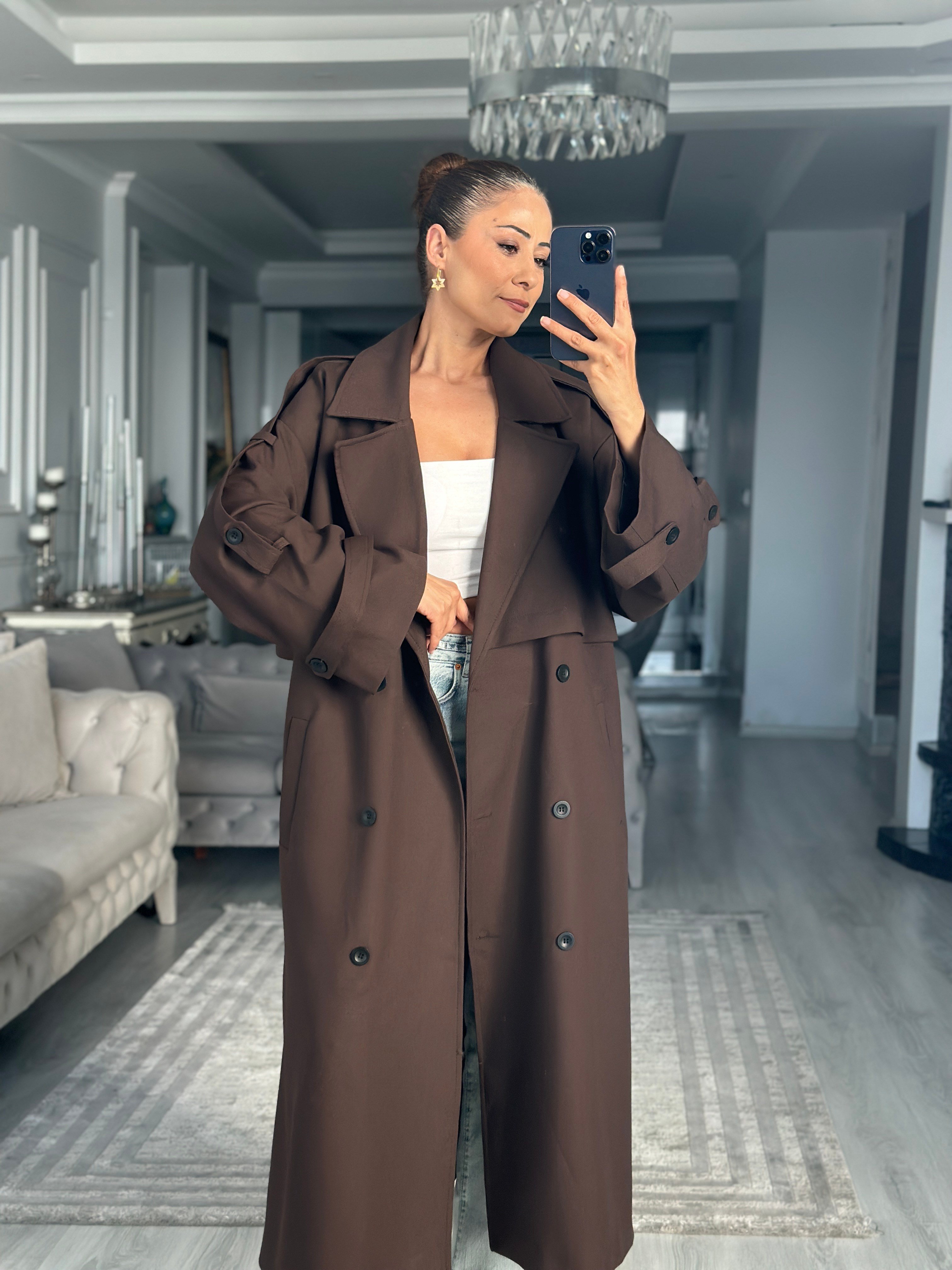 Kahverengi Allerli Oversize Kuşaklı Uzun Kadın Trençkot