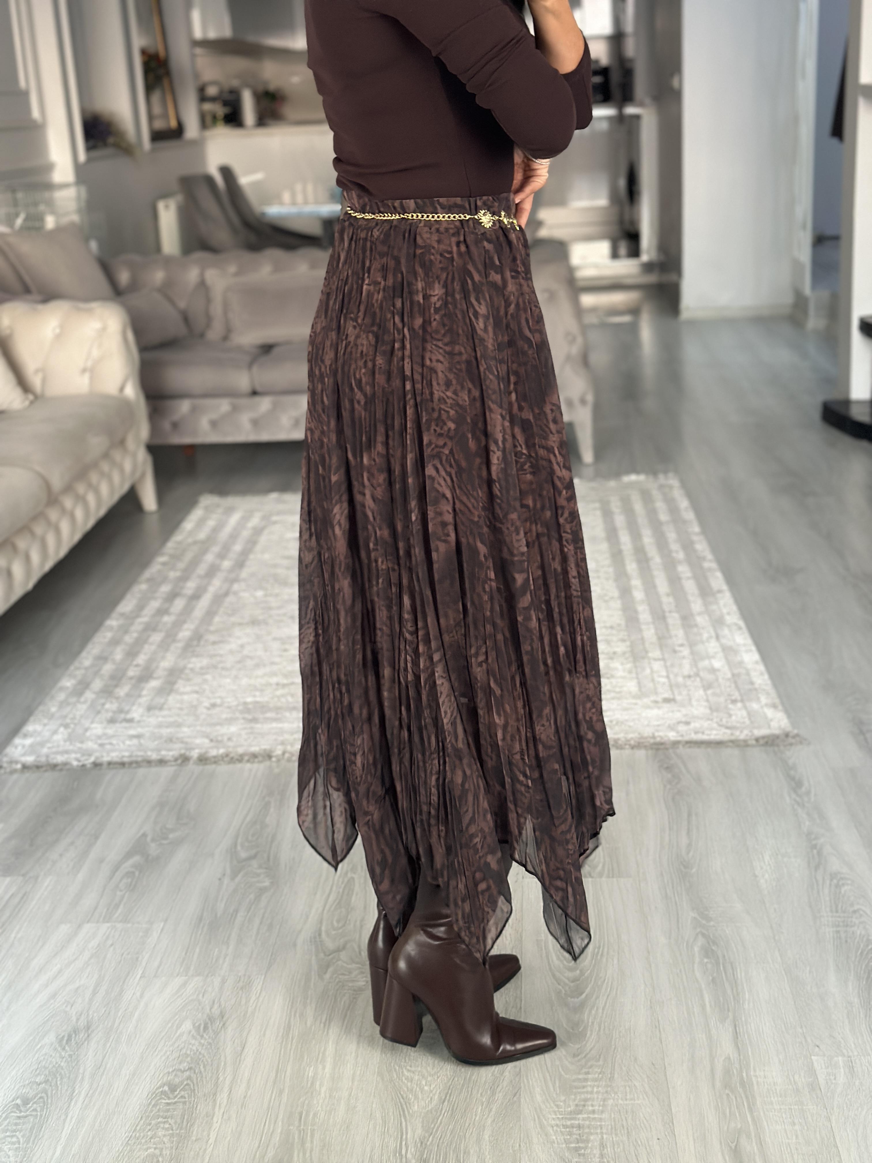 Kahverengi Batik Desenli Asimetrik Midi Boy Kadın Şifon Etek