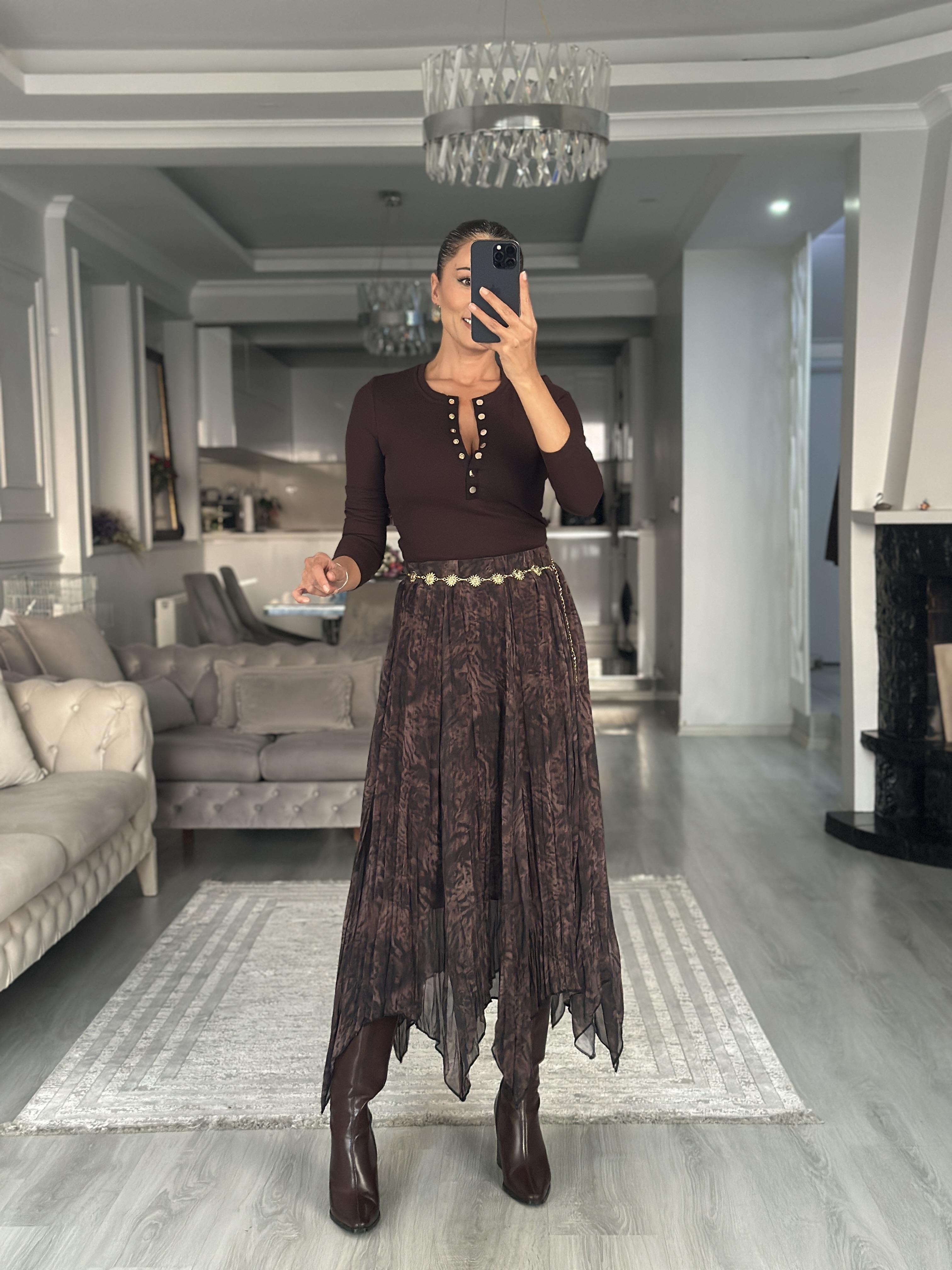 Kahverengi Batik Desenli Asimetrik Midi Boy Kadın Şifon Etek