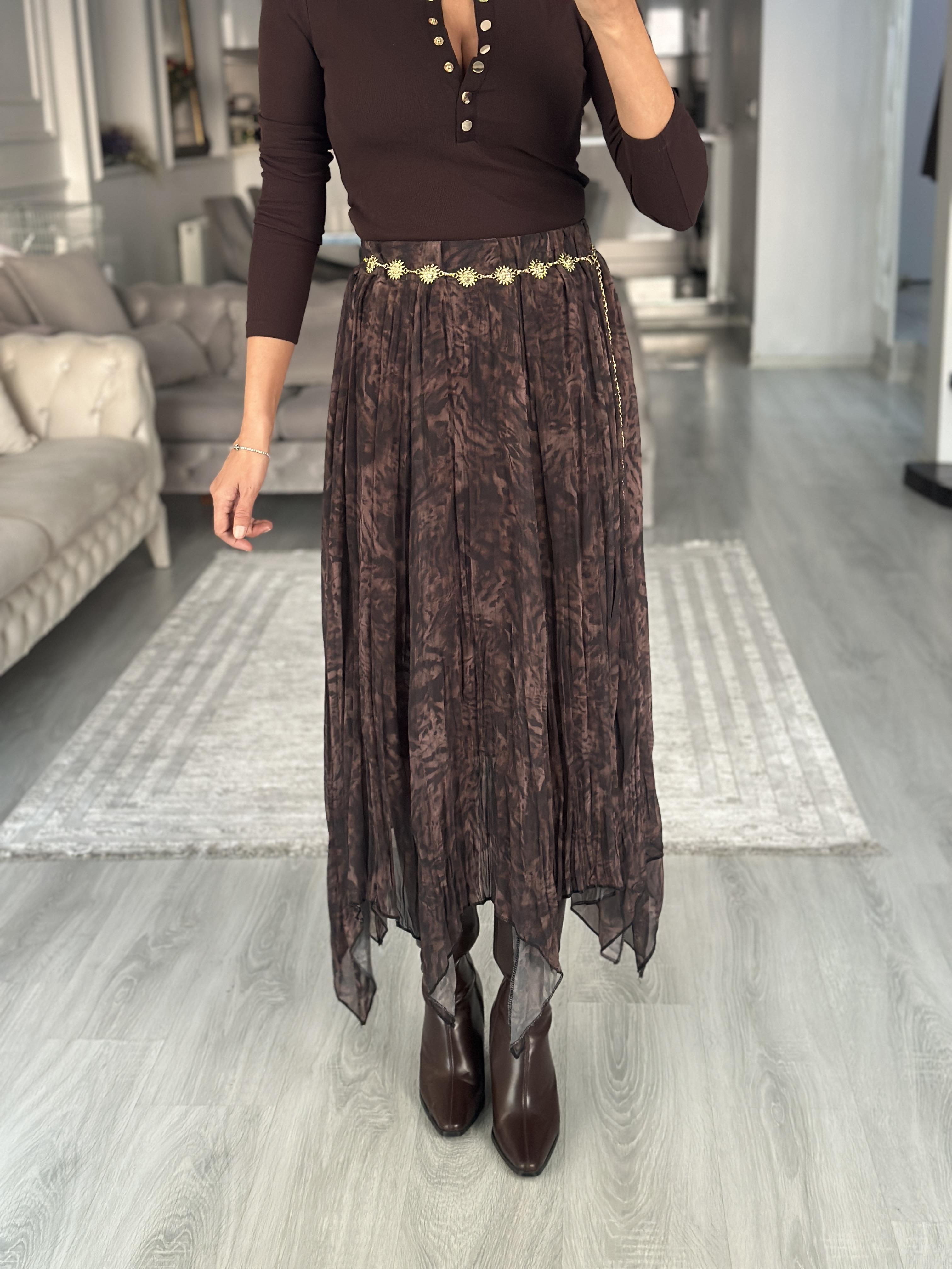 Kahverengi Batik Desenli Asimetrik Midi Boy Kadın Şifon Etek