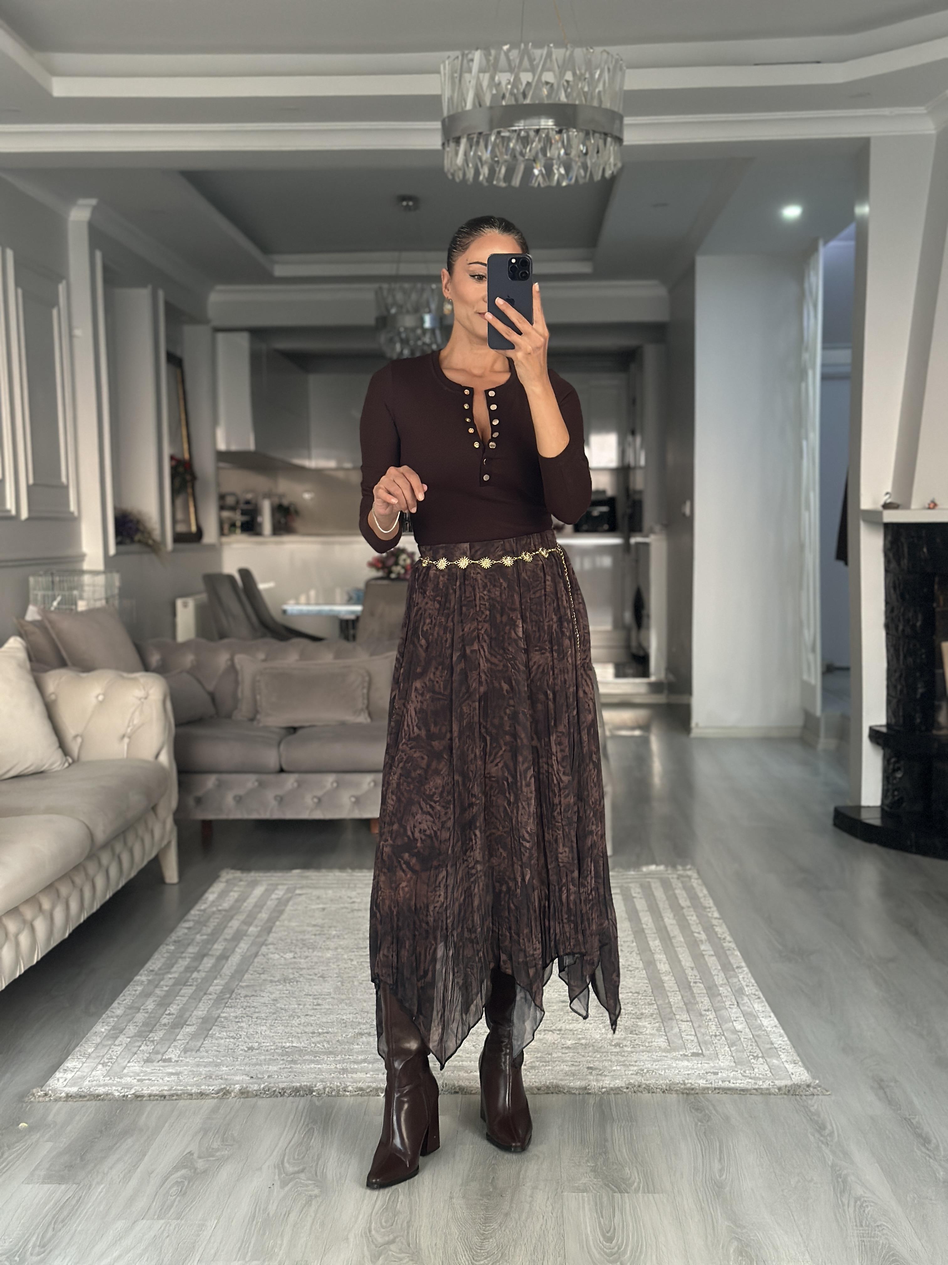 Kahverengi Batik Desenli Asimetrik Midi Boy Kadın Şifon Etek