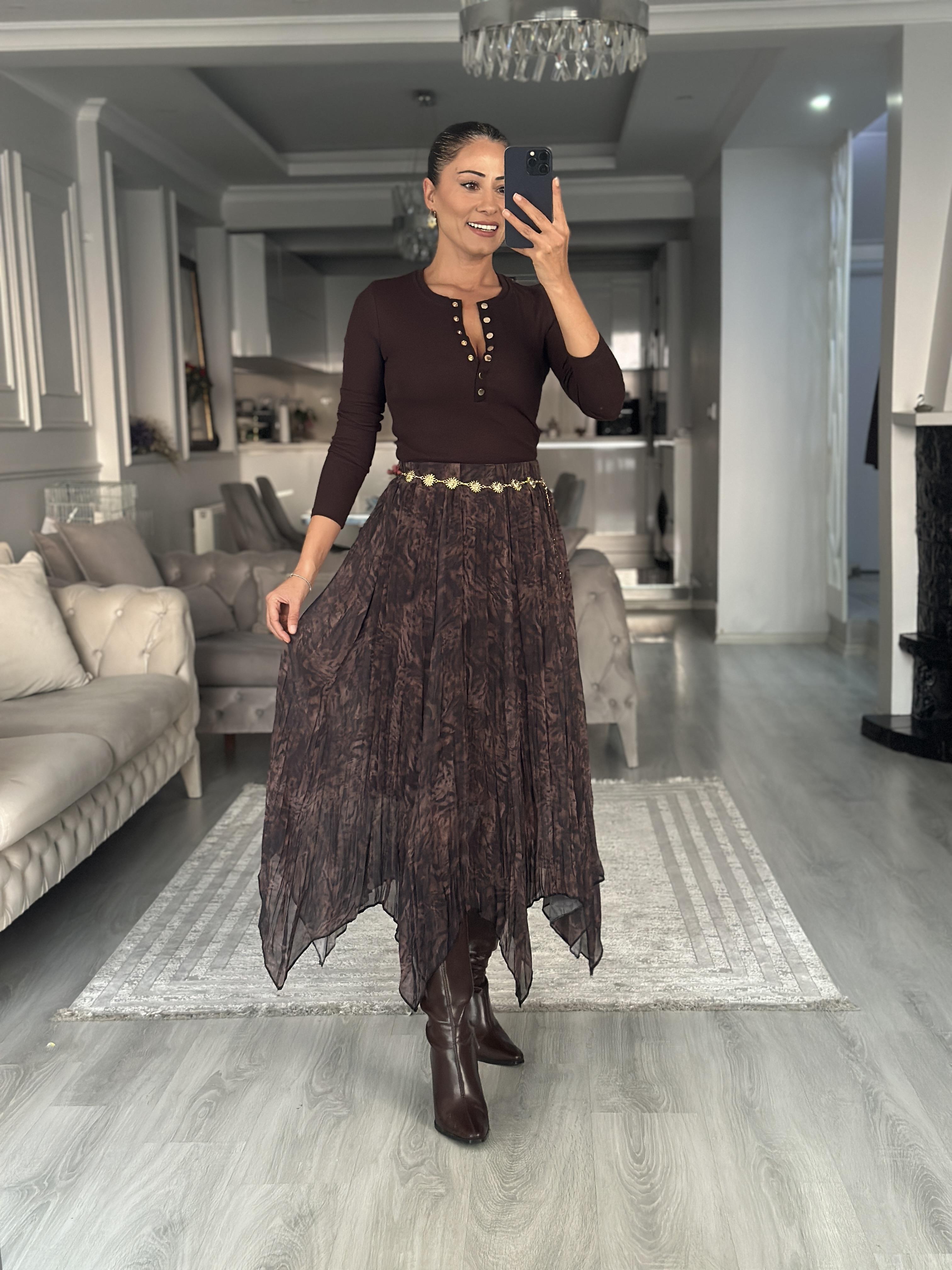 Kahverengi Batik Desenli Asimetrik Midi Boy Kadın Şifon Etek