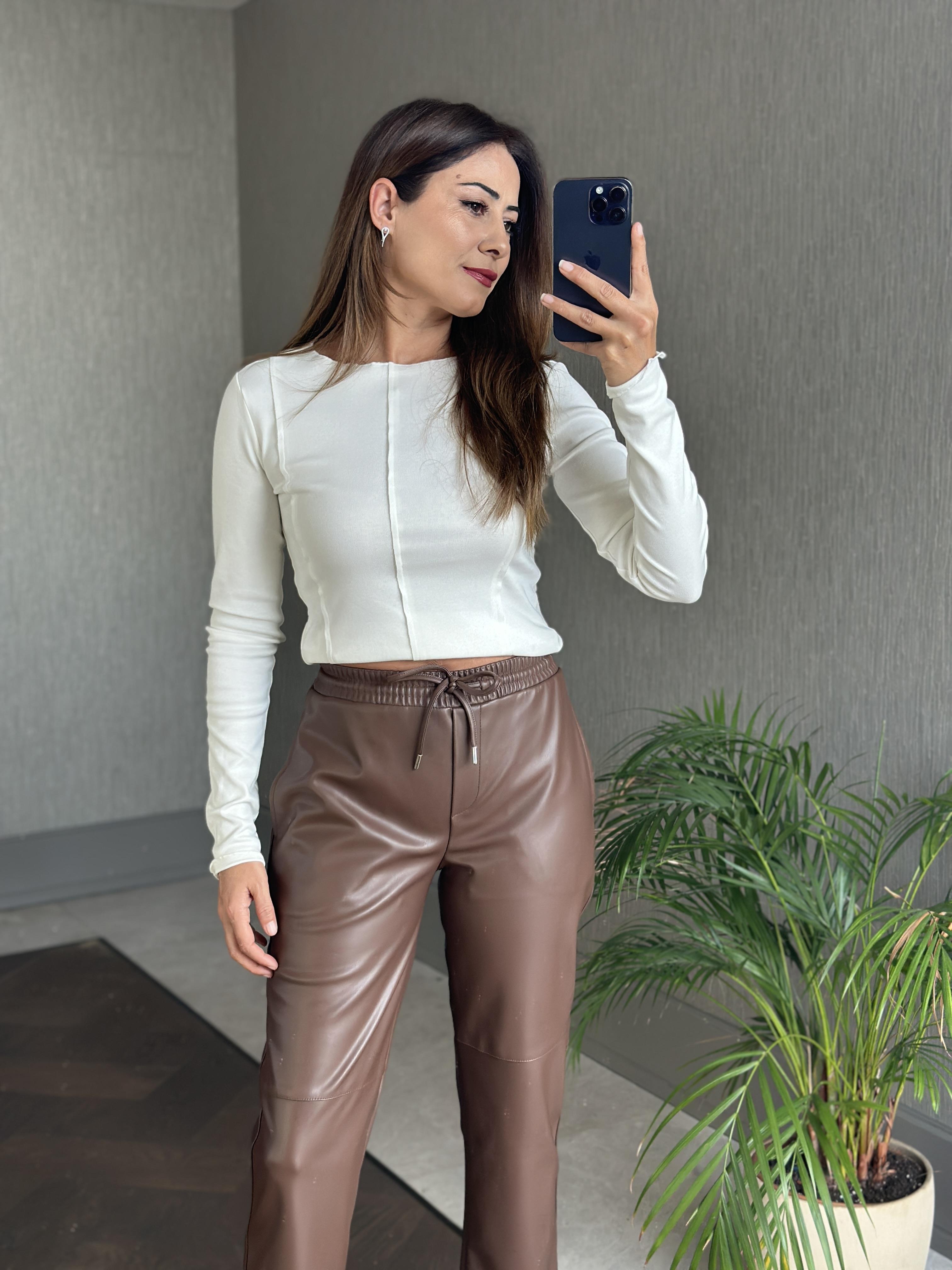 Kahverengi Beli Lastikli Düz Paça Jogger Kadın Deri Pantolon