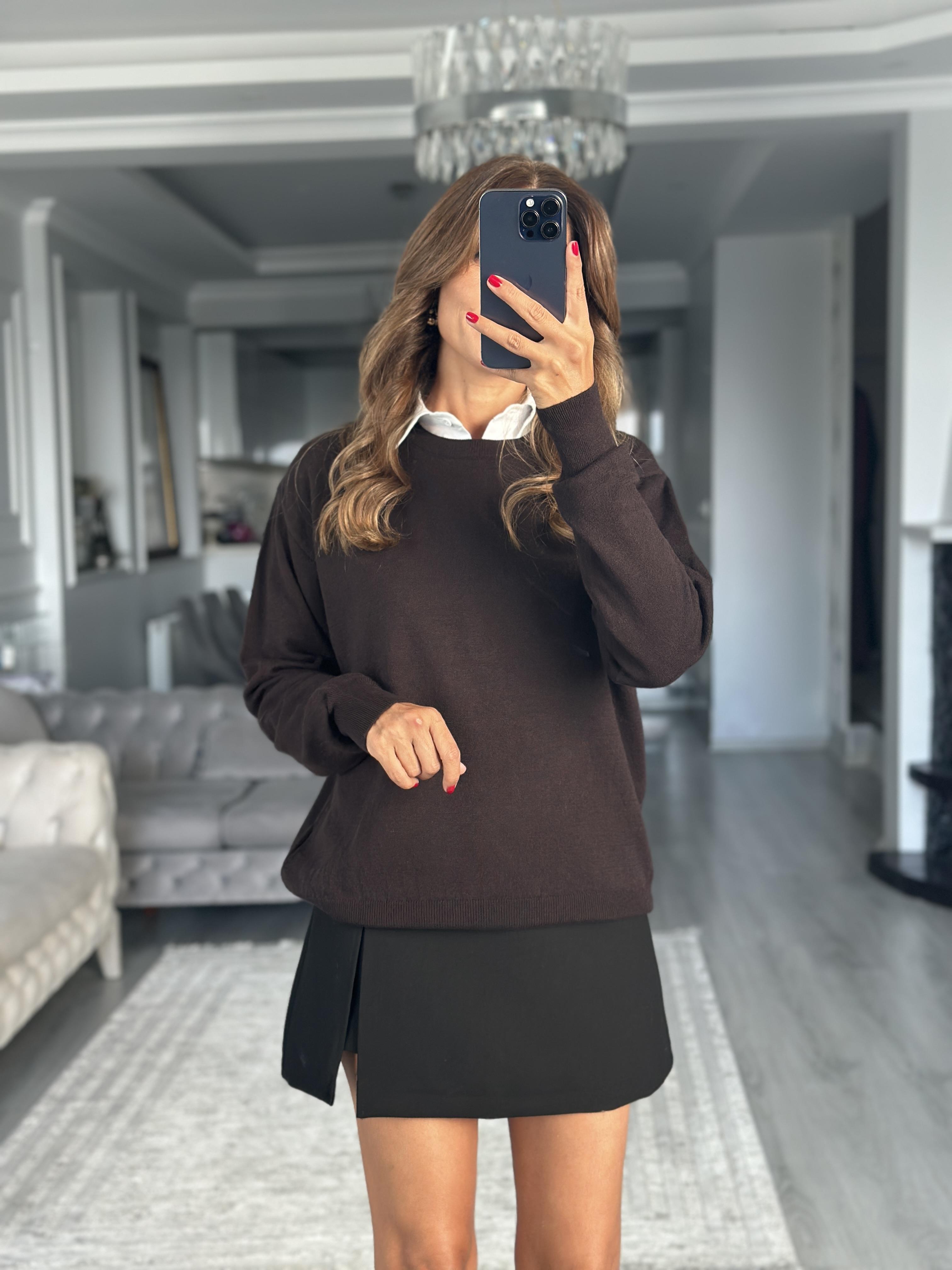 Kahverengi Bisiklet Yaka Yünlü Basic Kadın Triko Kazak