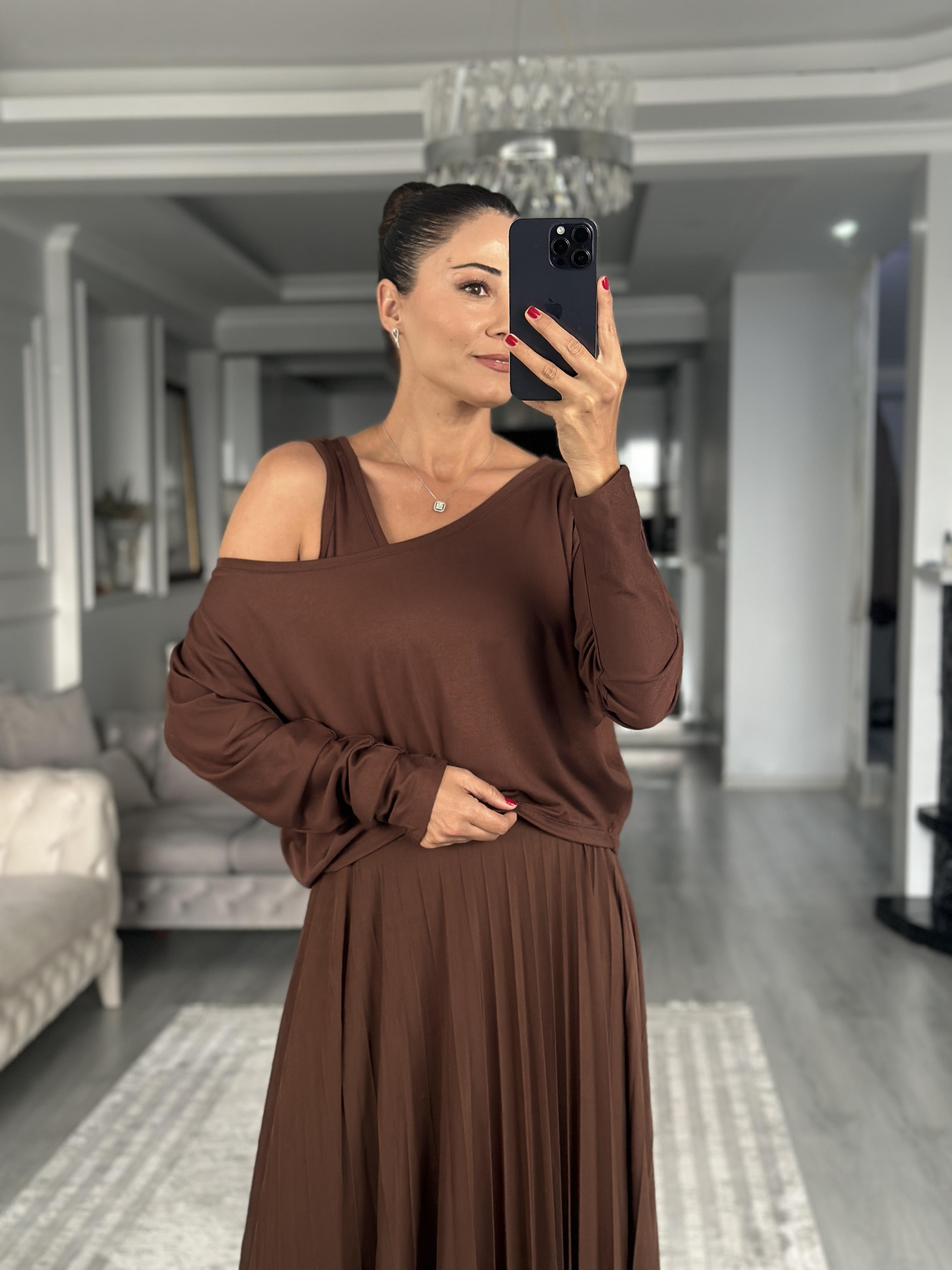 Kahverengi Bluzlu Piliseli Midi Boy Kadın İkili Elbise