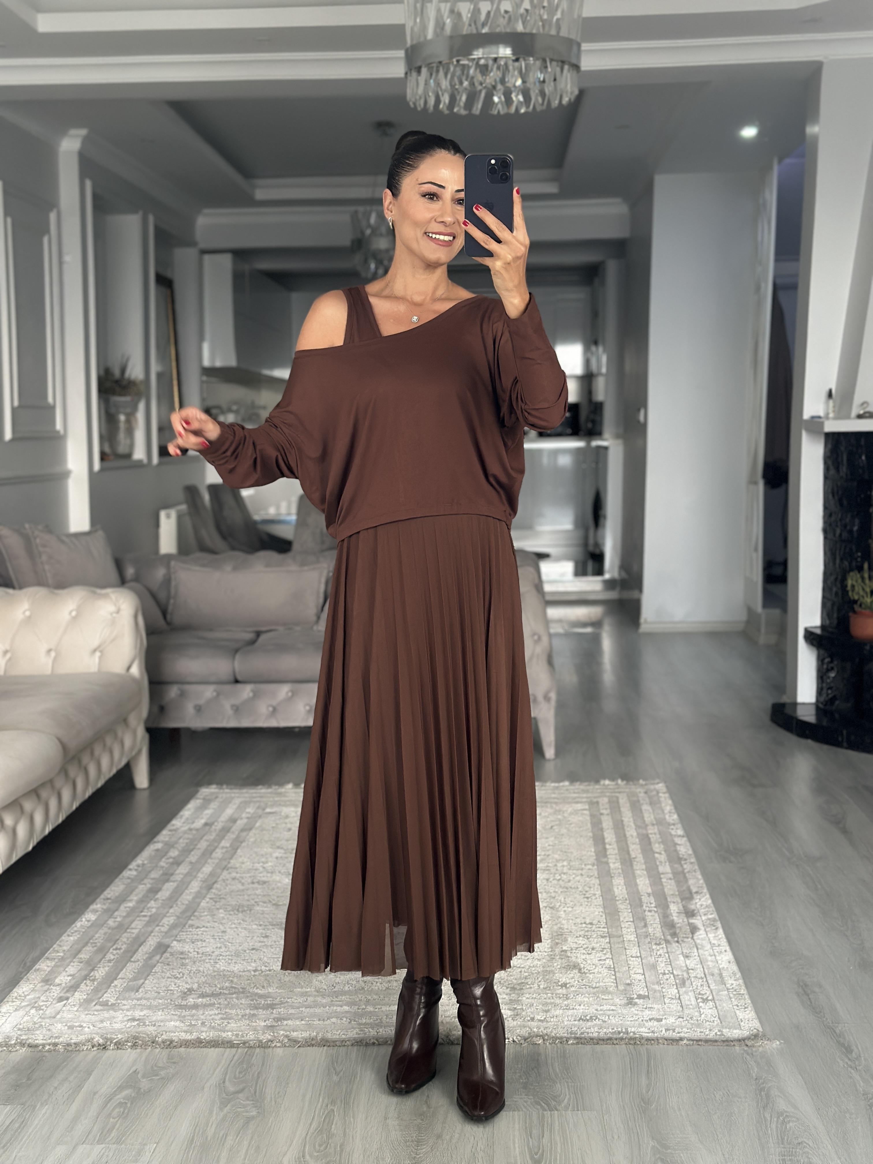 Kahverengi Bluzlu Piliseli Midi Boy Kadın İkili Elbise