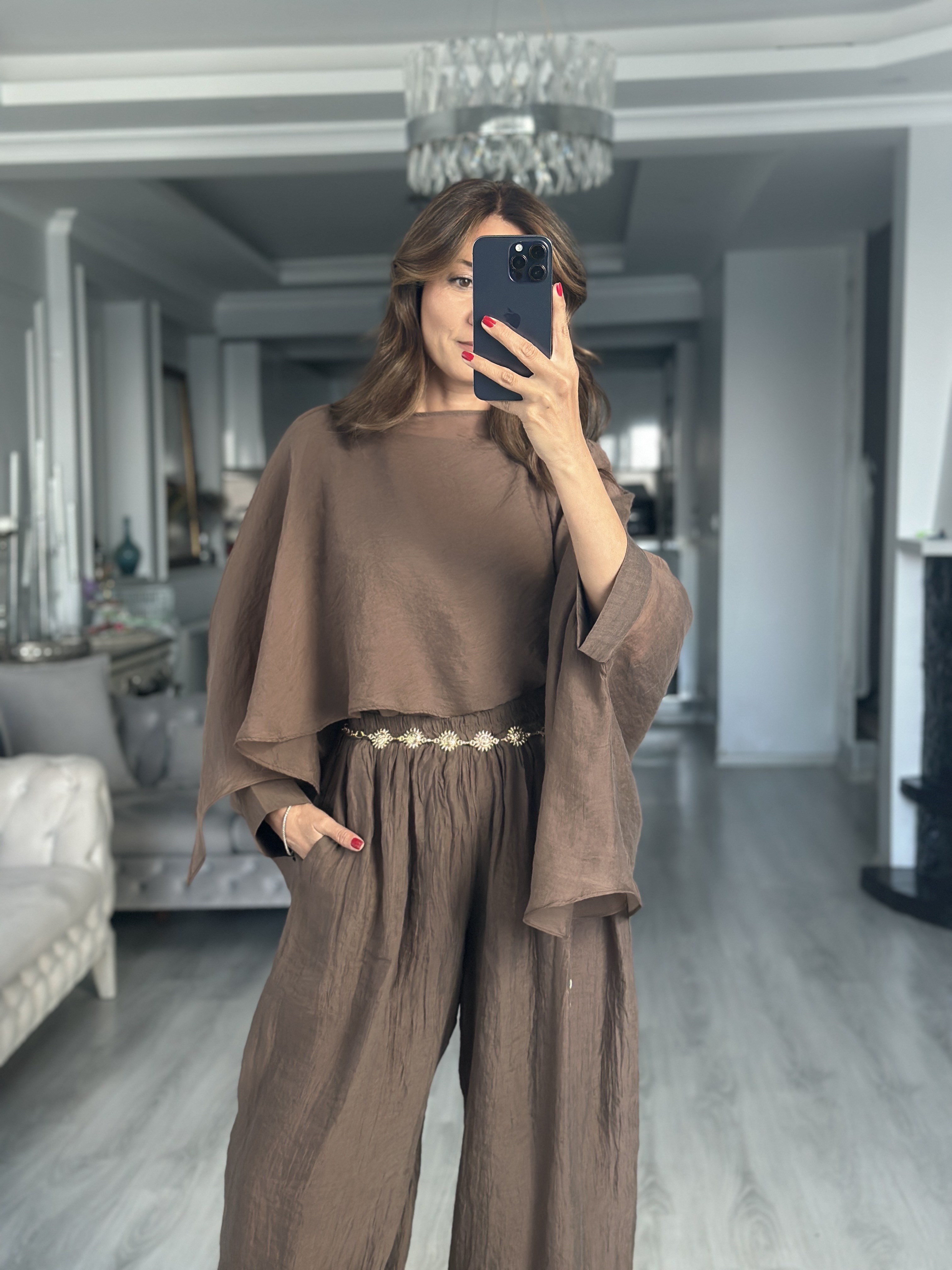 Kahverengi Crushlı Paçası Lastikli Kadın Pantolon