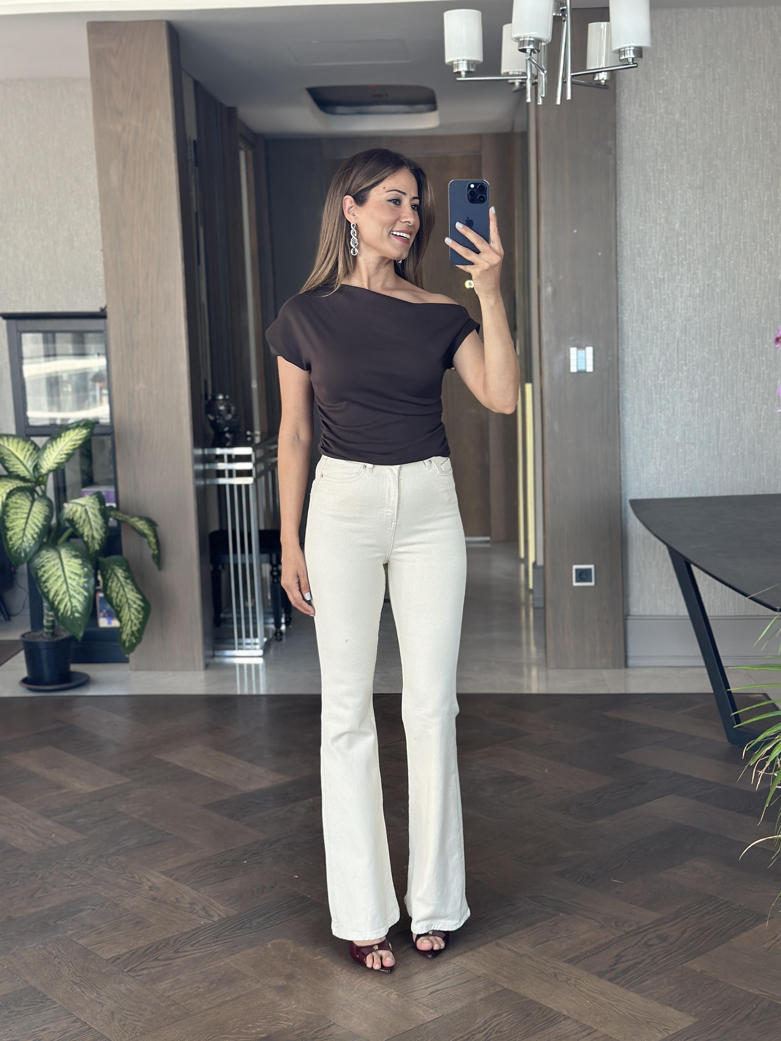 Kahverengi Tek Omuz Asimetrik Yaka Sıfır Kol Kadın Body