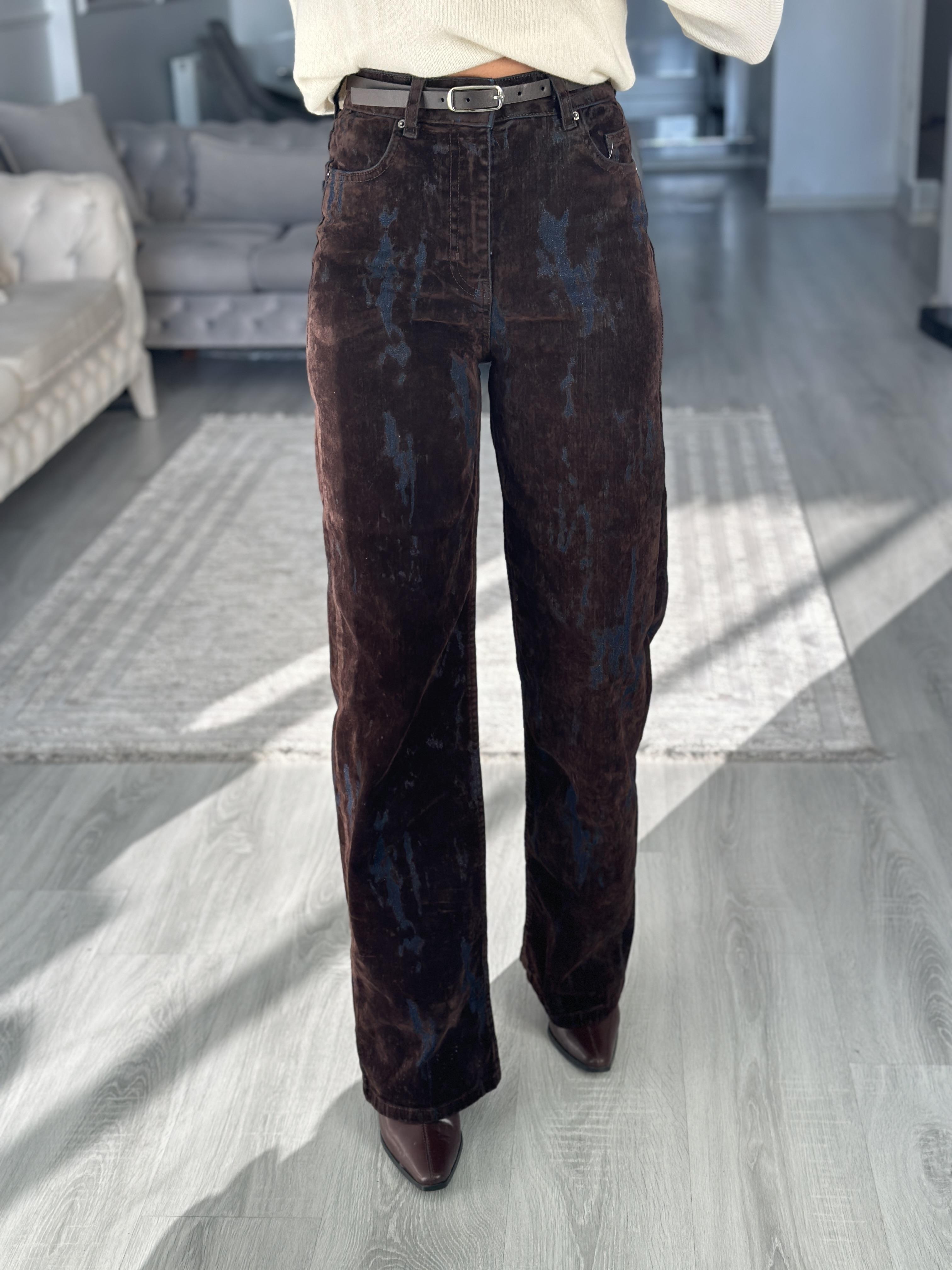 Kahverengi Denim Flok Baskılı Kemerli Kadın Jean Pantolon