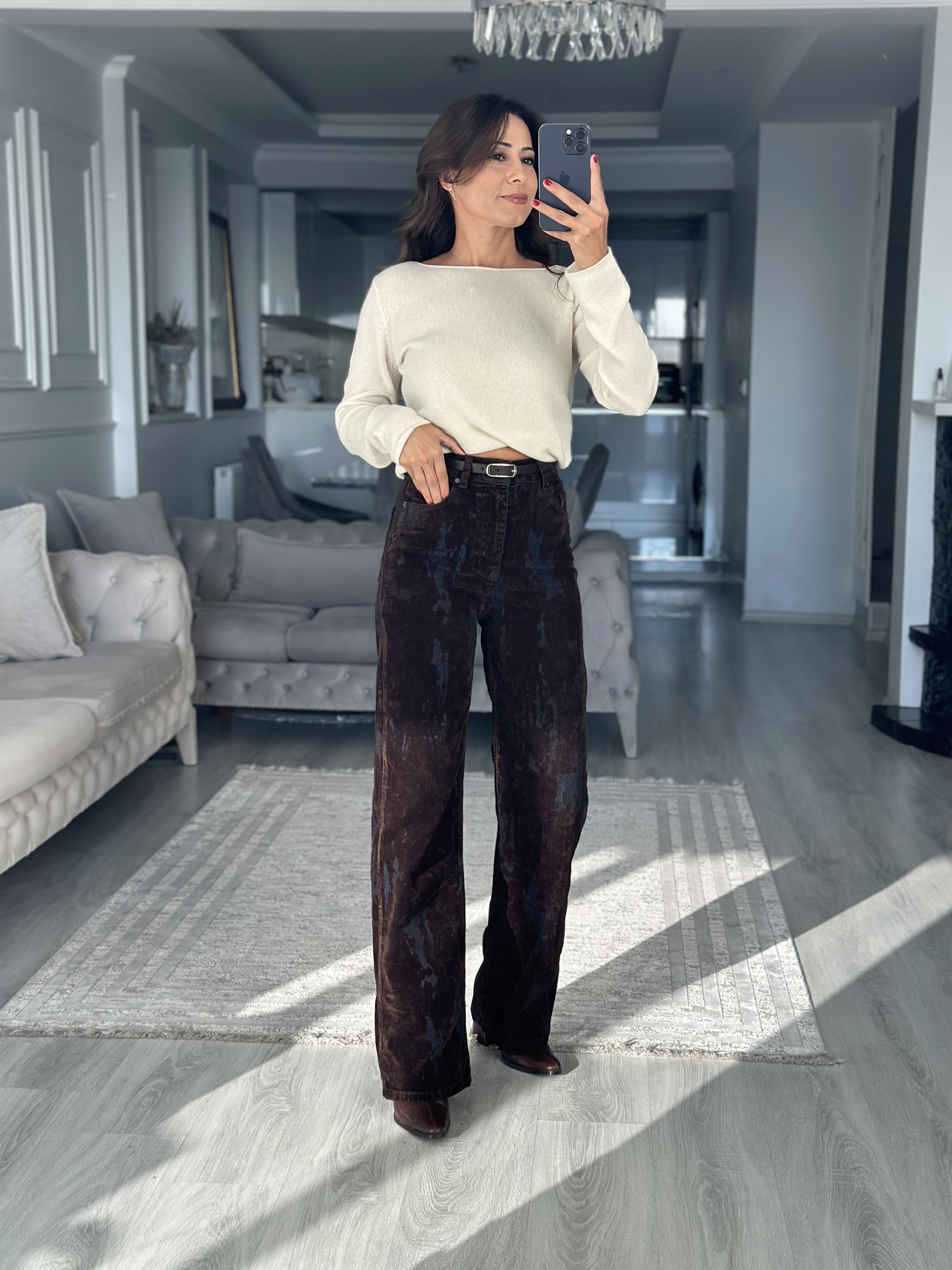 Kahverengi Denim Flok Baskılı Kemerli Kadın Jean Pantolon