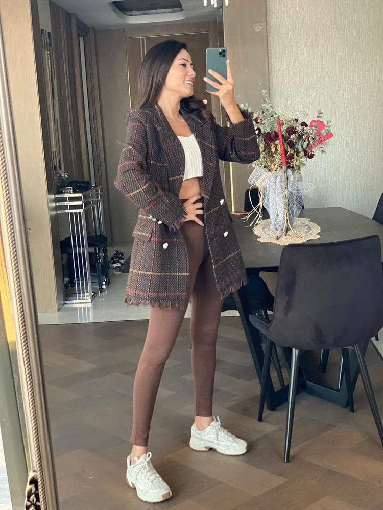 Kahverengi Desen Eteği Püsküllü Tüvit Kadın Ceket