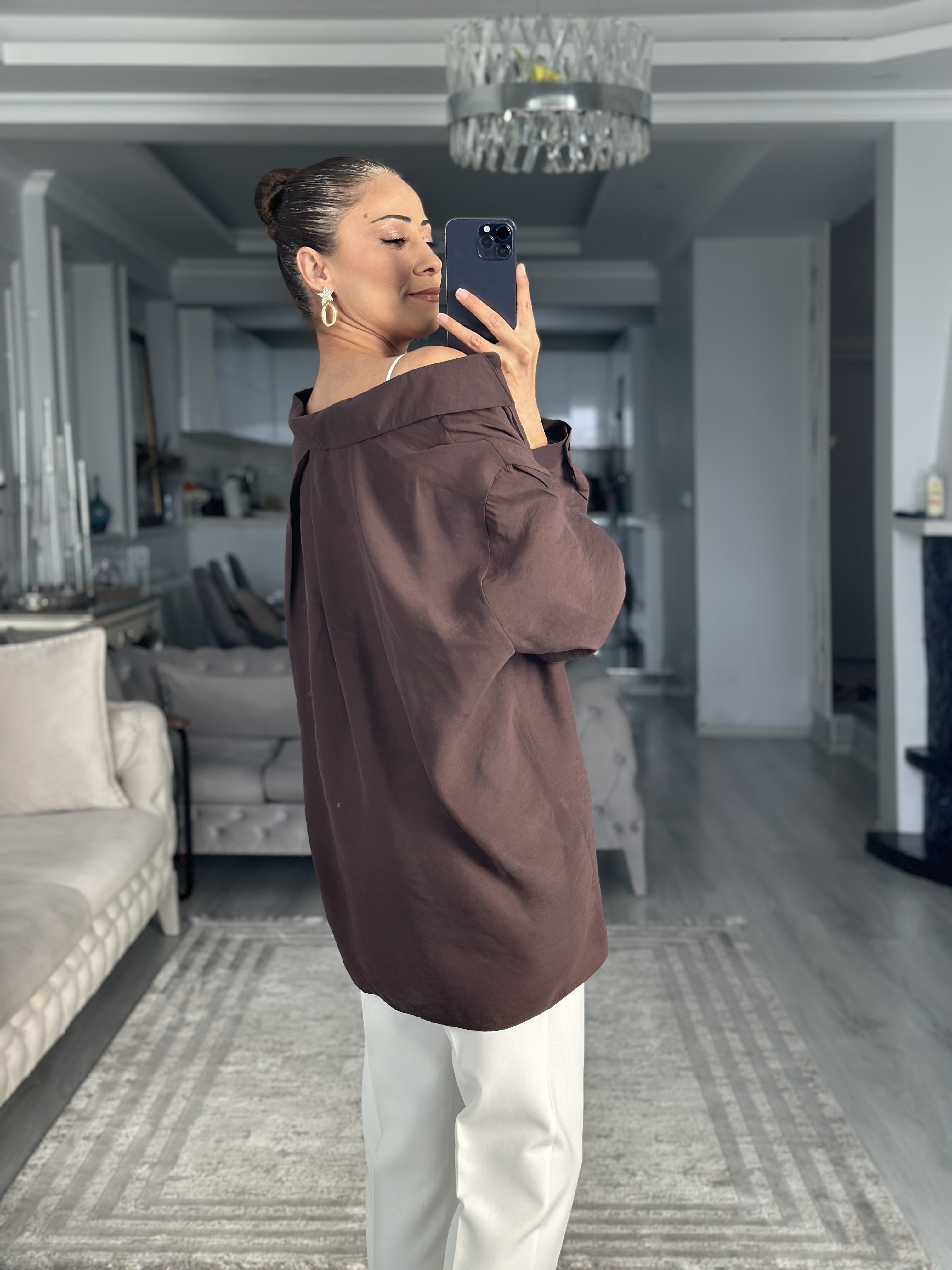 Kahverengi Düşük Omuzlu Oversize Kadın Gömlek