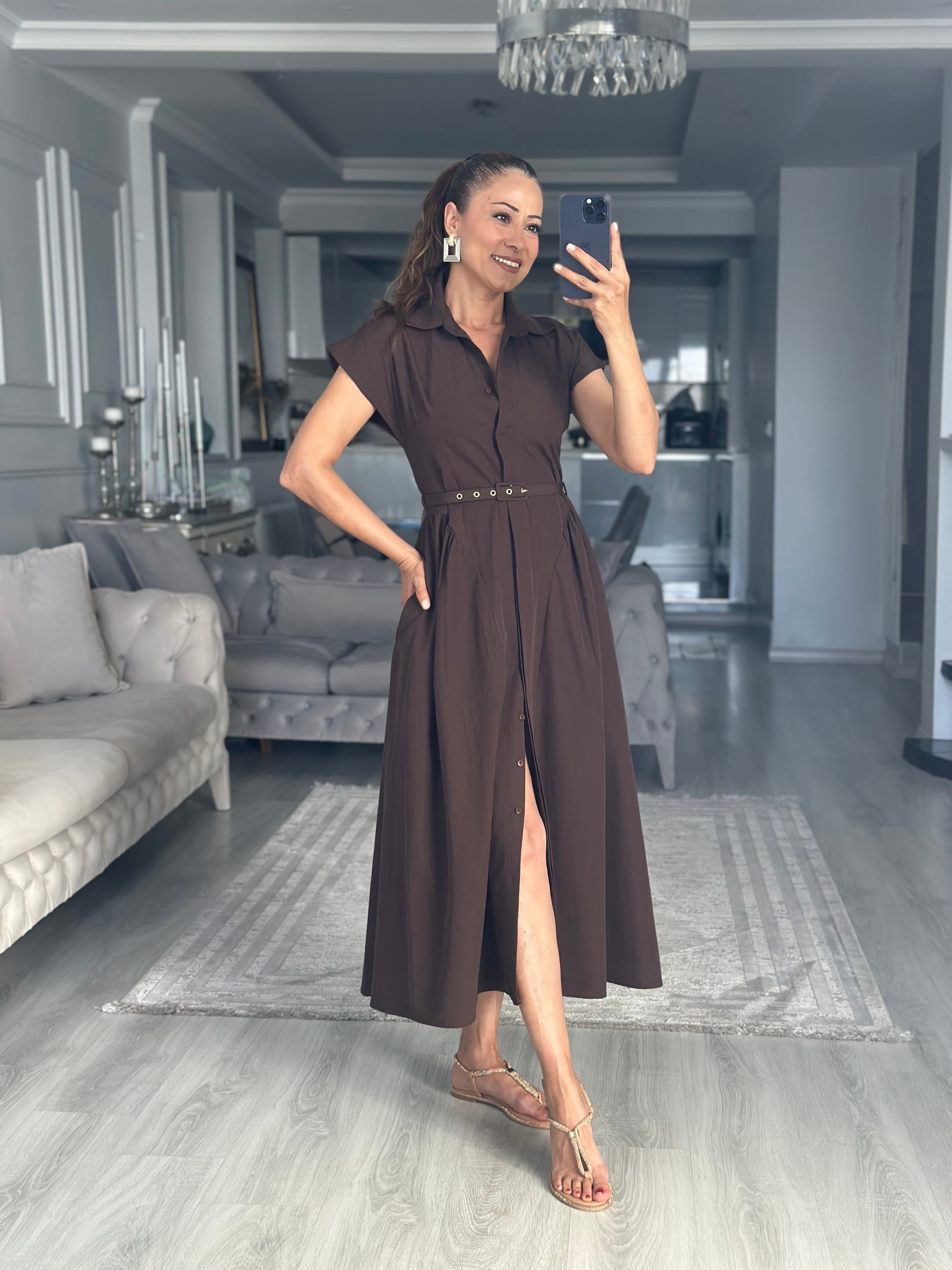 Kahverengi Eteği Prenses Kemerli  Midi Boy Kadın Gömlek Elbise