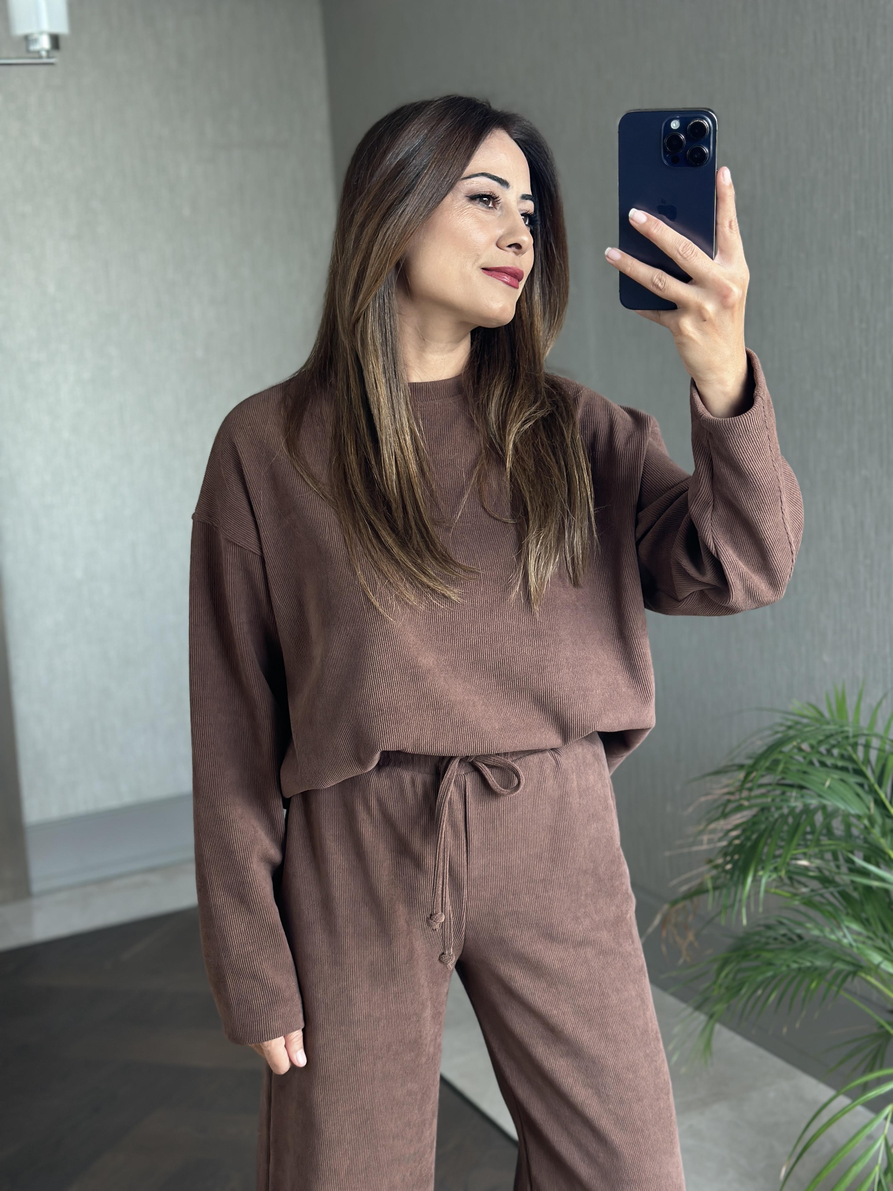 Kahverengi Fitilli Bisiklet Yaka Sweatshirt Pantolon Kadın Alt Üst Takım