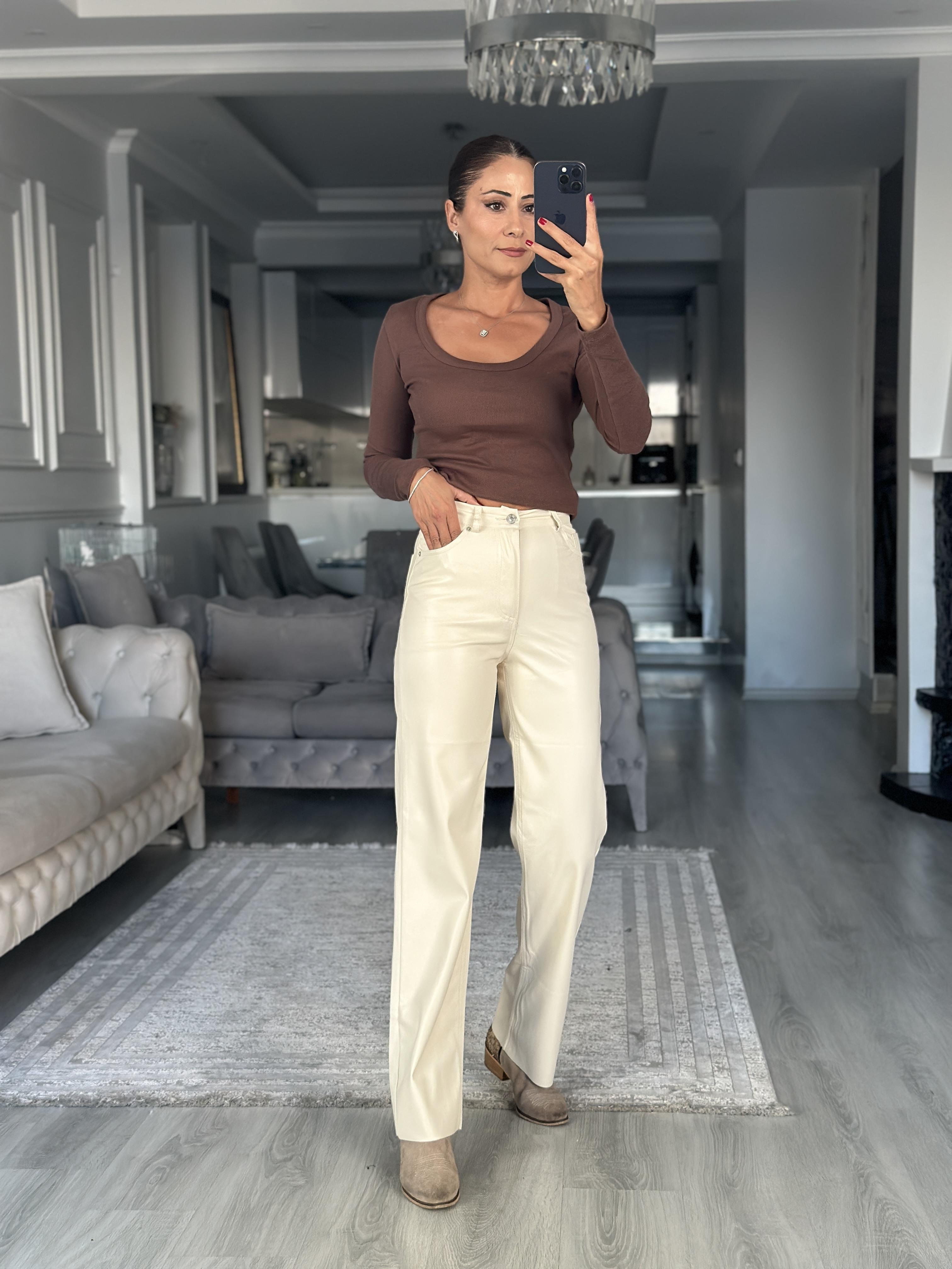 Kahverengi Fitilli Kaşkorse Uzun Kol U Yaka Kadın Body