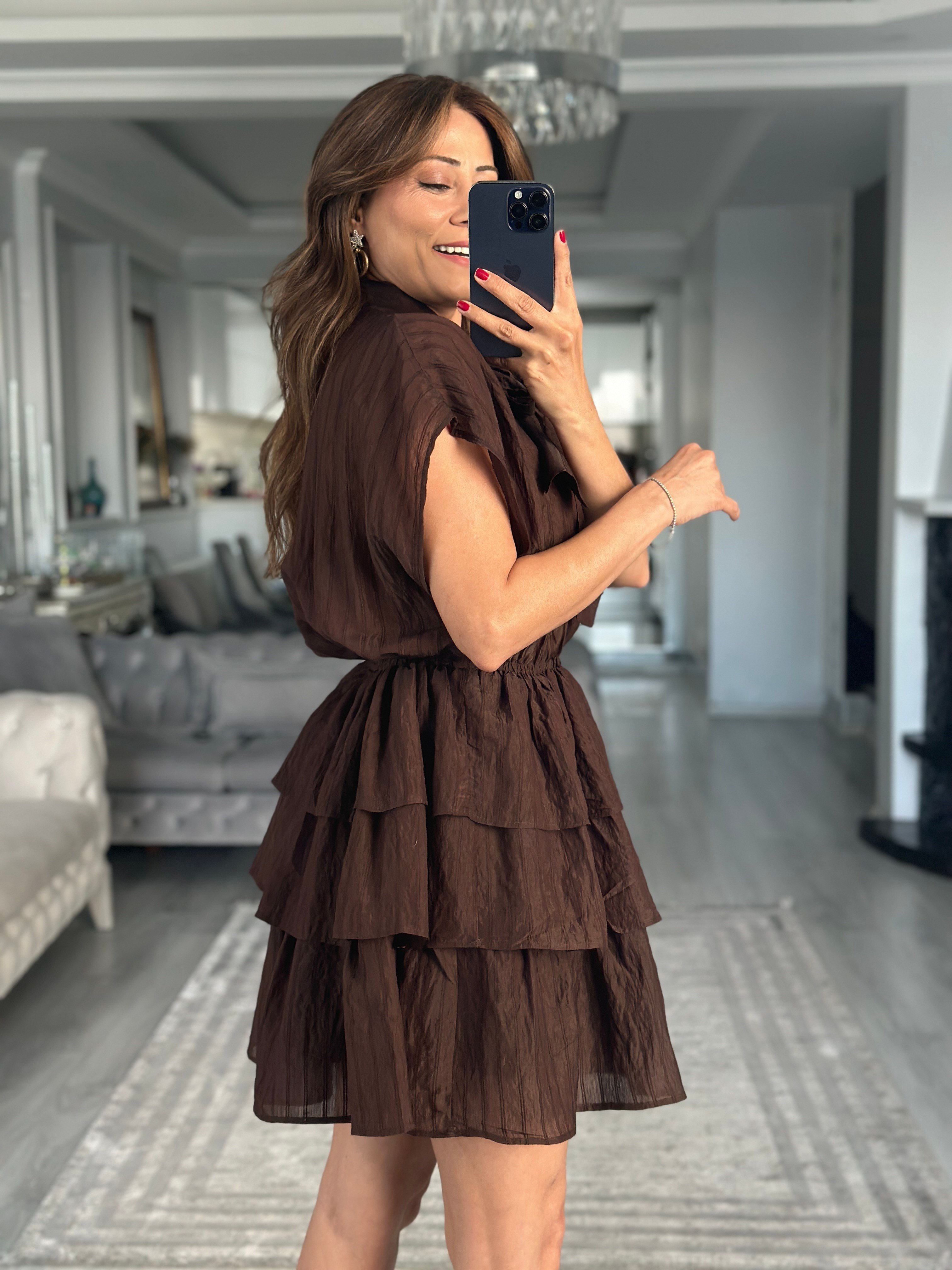 Kahverengi Fular Detay Eteği KatKat Kadın Mini Elbise