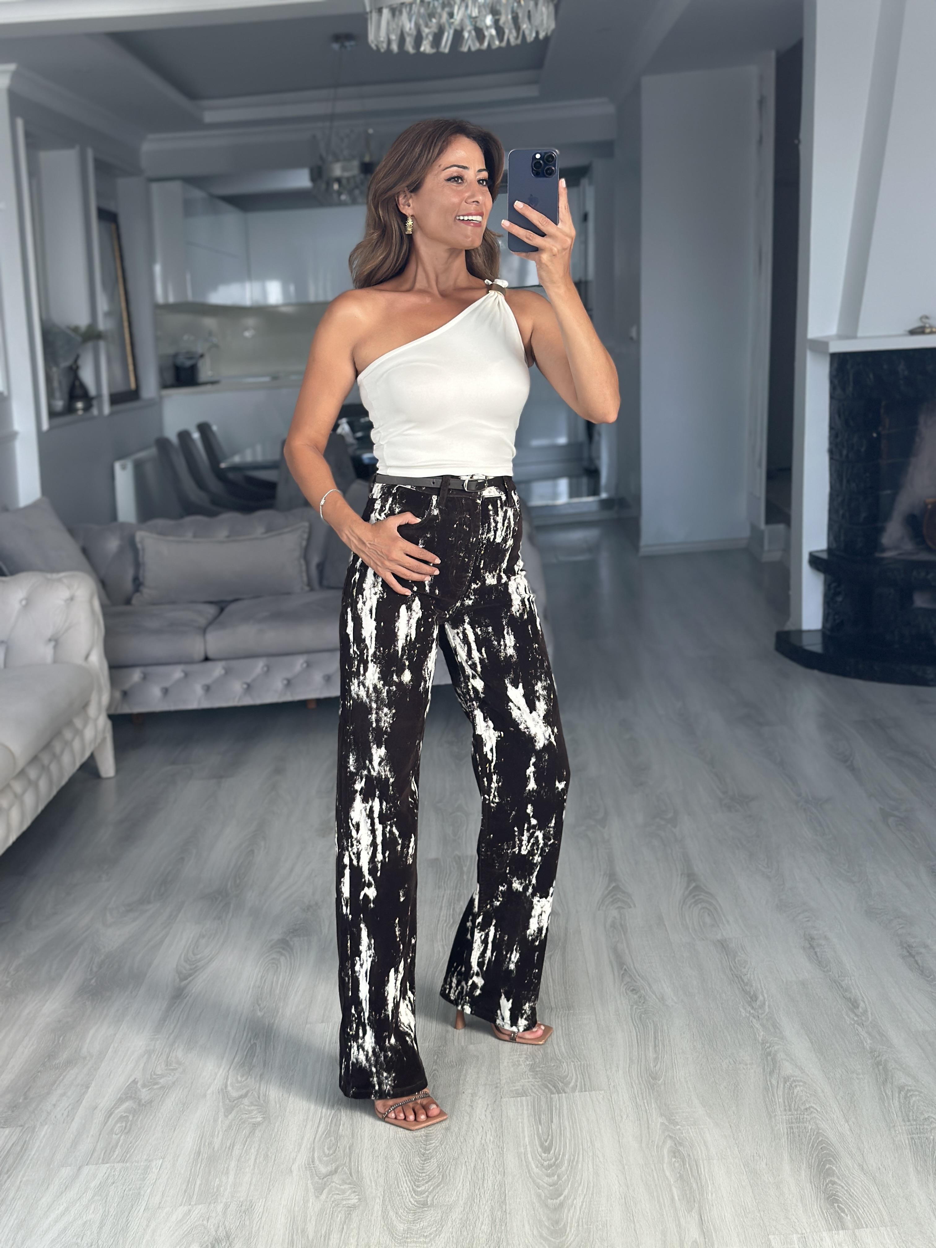 Kahverengi Gabardin Flok Baskılı Kemerli Kadın Pantolon