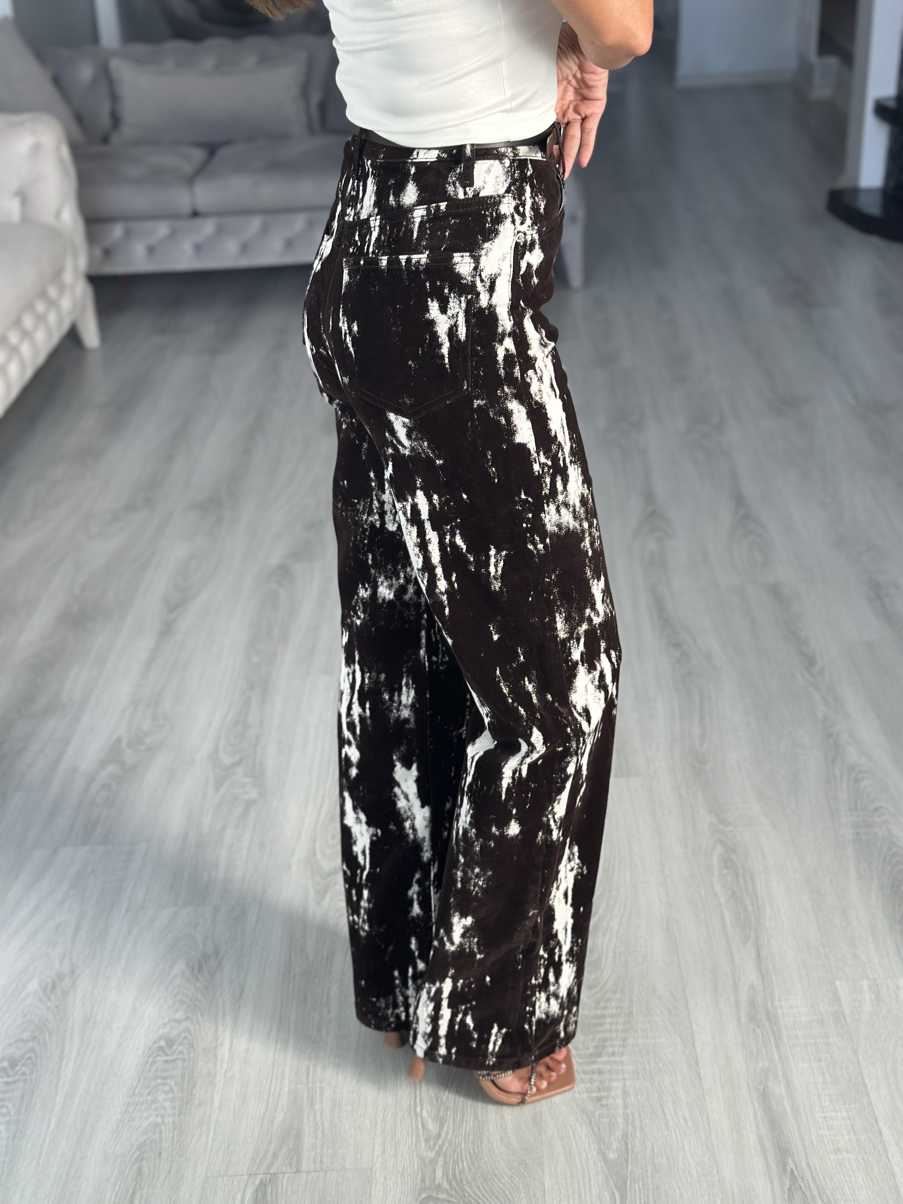 Kahverengi Gabardin Flok Baskılı Kemerli Kadın Pantolon