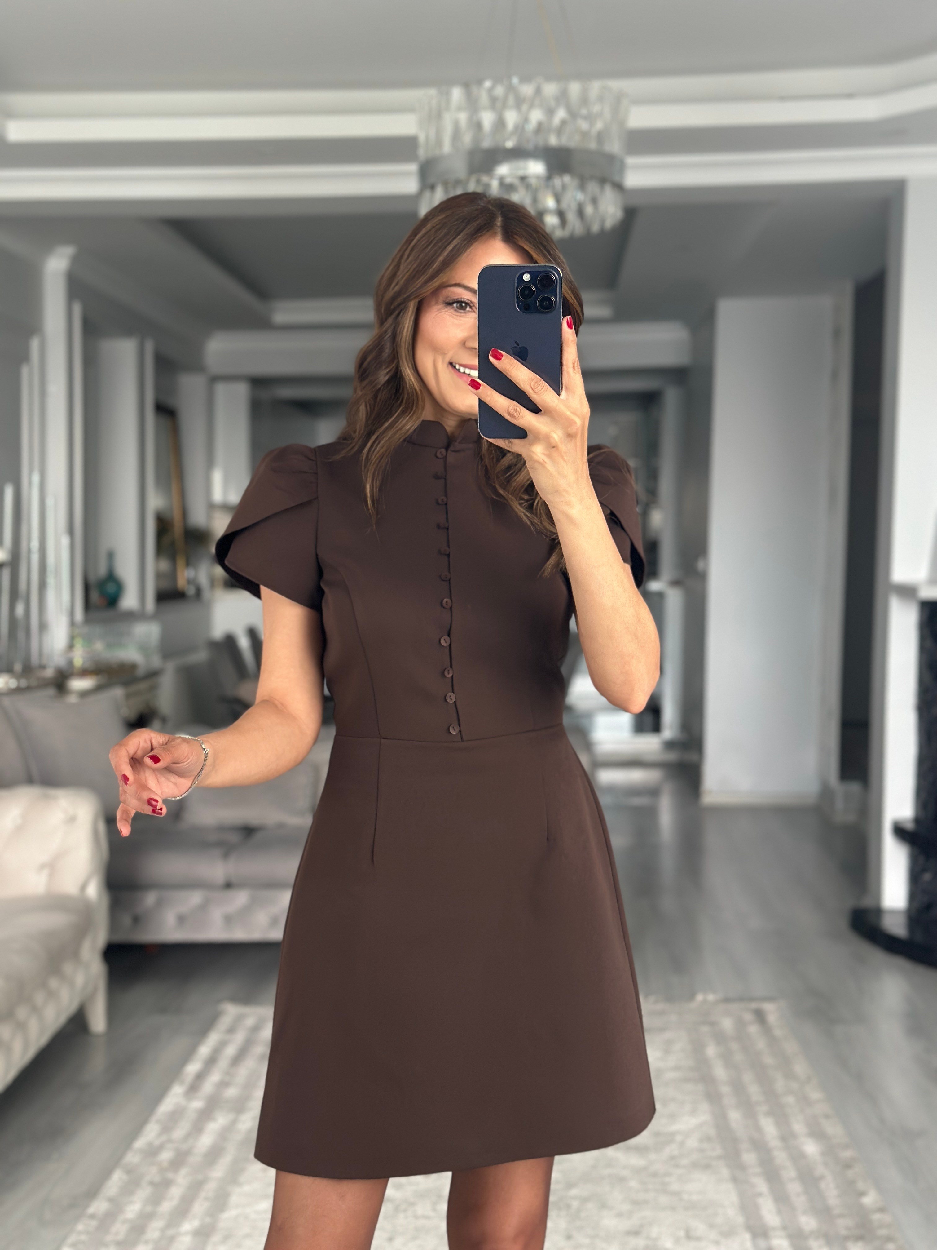 Kahverengi Hakim Yaka Lale Kol Kadın Mini Elbise 