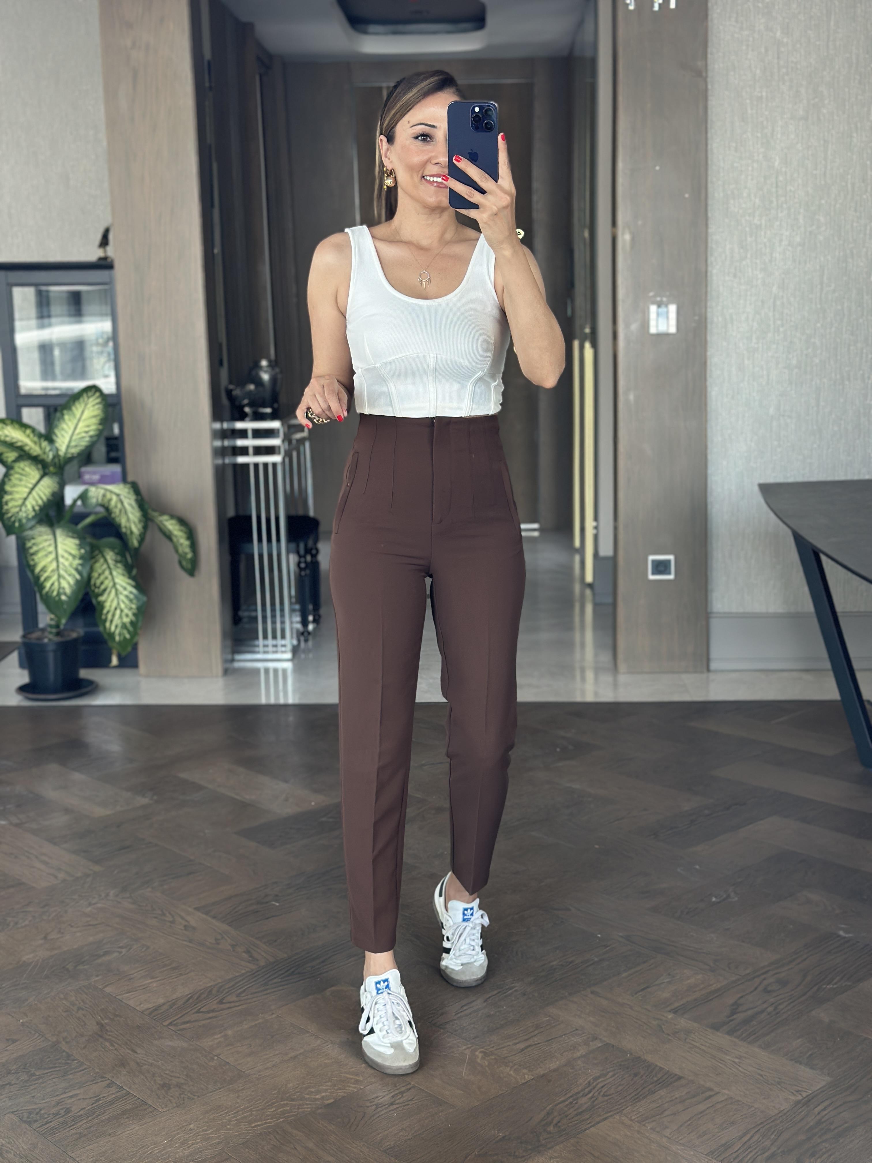 Kahverengi Yüksek Bel Önü Flatolu Kadın Kumaş Pantolon