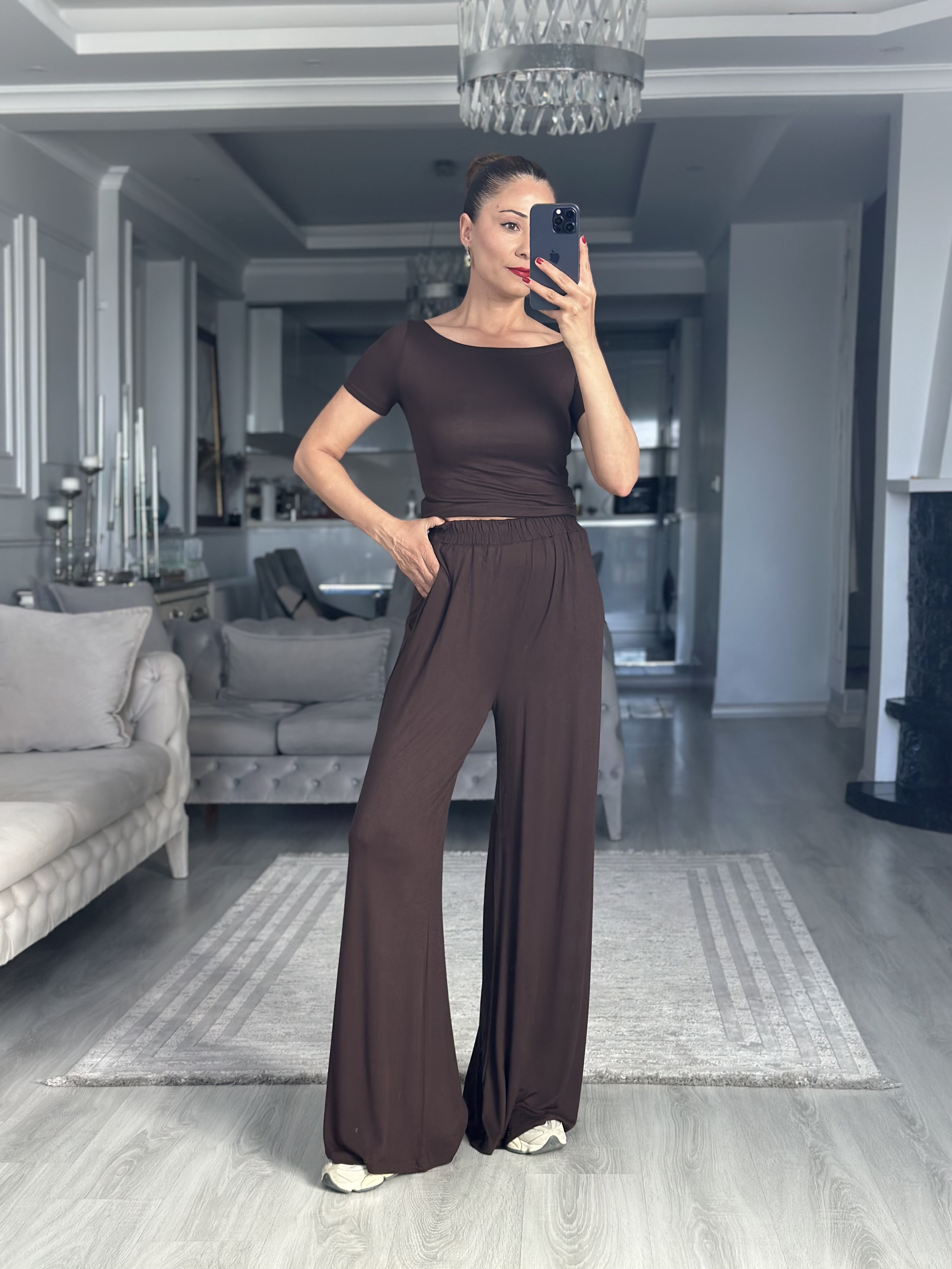 Kahverengi Kayık Yaka Kısa Kollu Body Pantolon Kadın İkili Takım