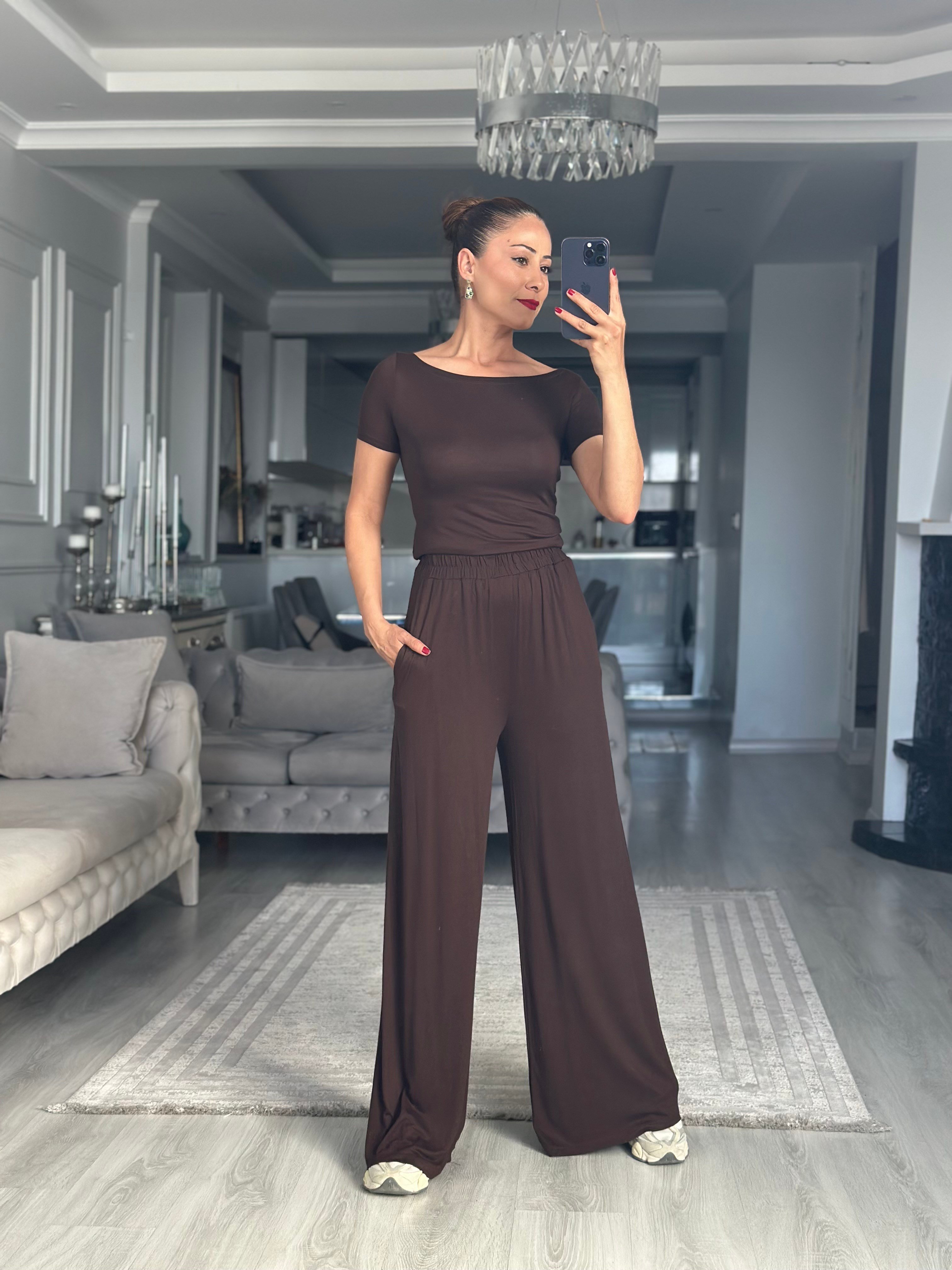 Kahverengi Kayık Yaka Kısa Kollu Body Pantolon Kadın İkili Takım