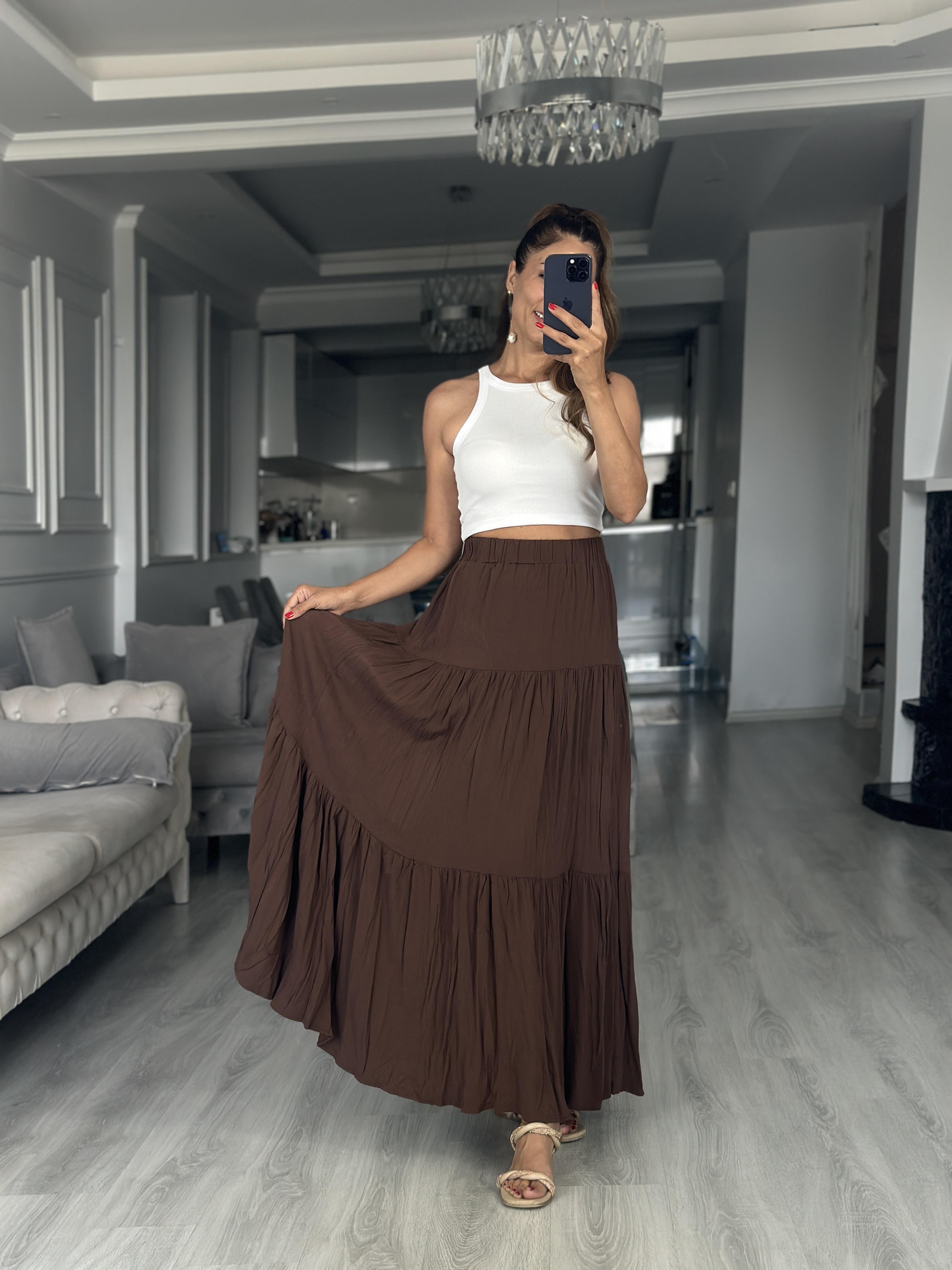 Kahverengi Krinkıl Beli Lastikli Kadın Midi Boy Etek