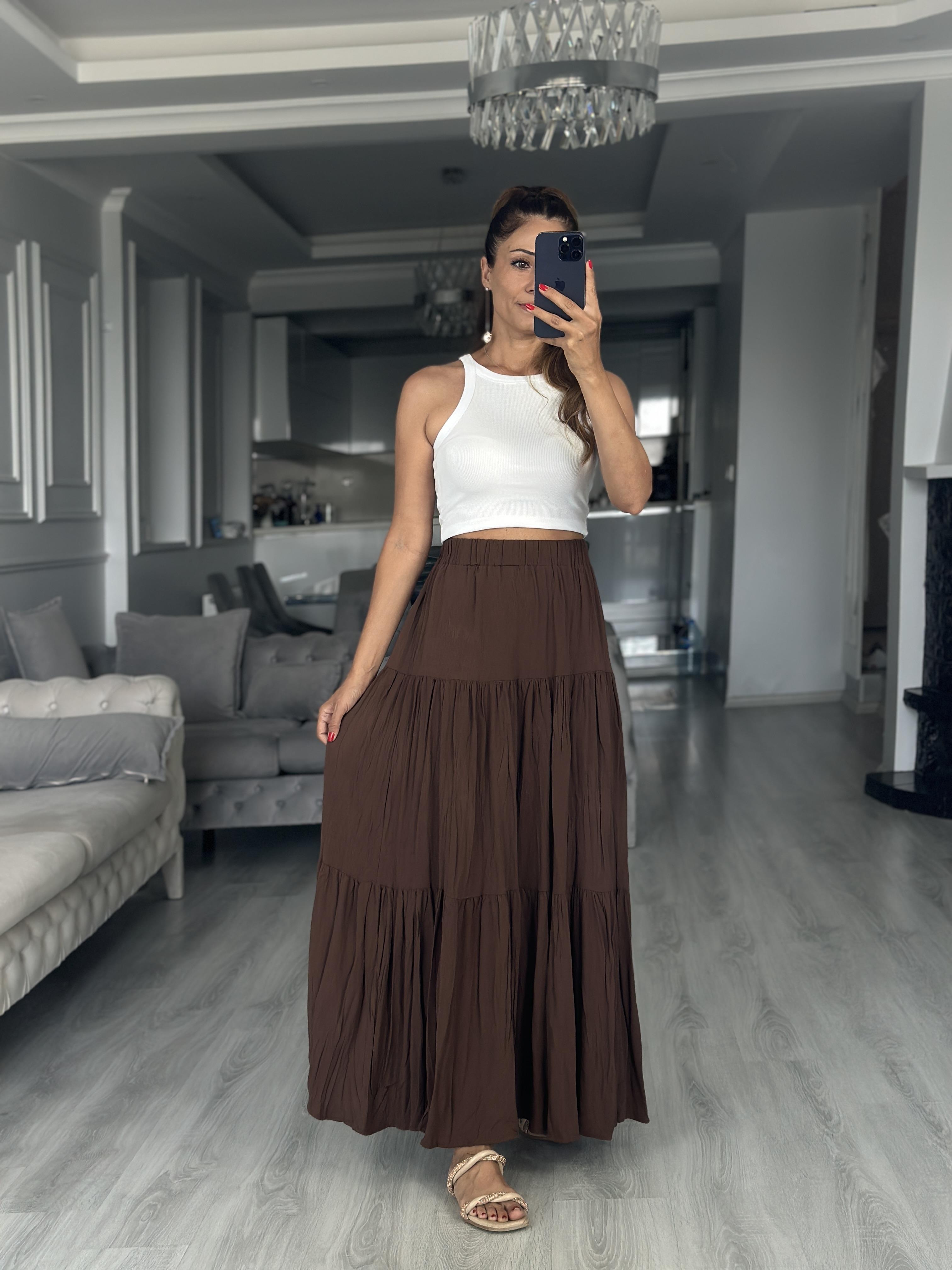 Kahverengi Krinkıl Beli Lastikli Kadın Midi Boy Etek