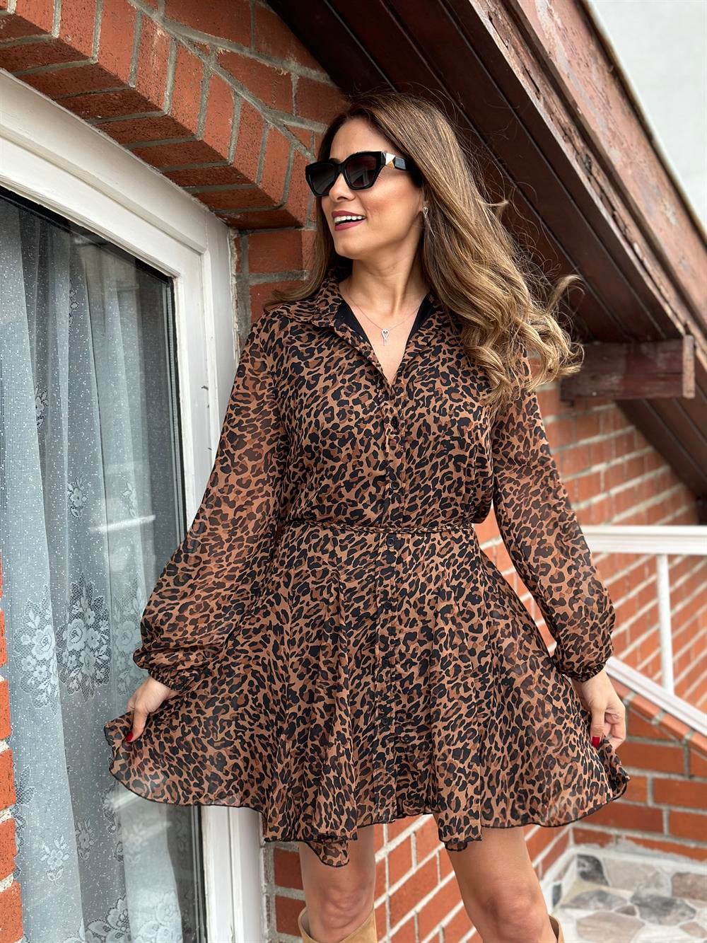 Kahverengi Leopar Desen Eteği Volanlı Şifon Kadın Gömlek Elbise