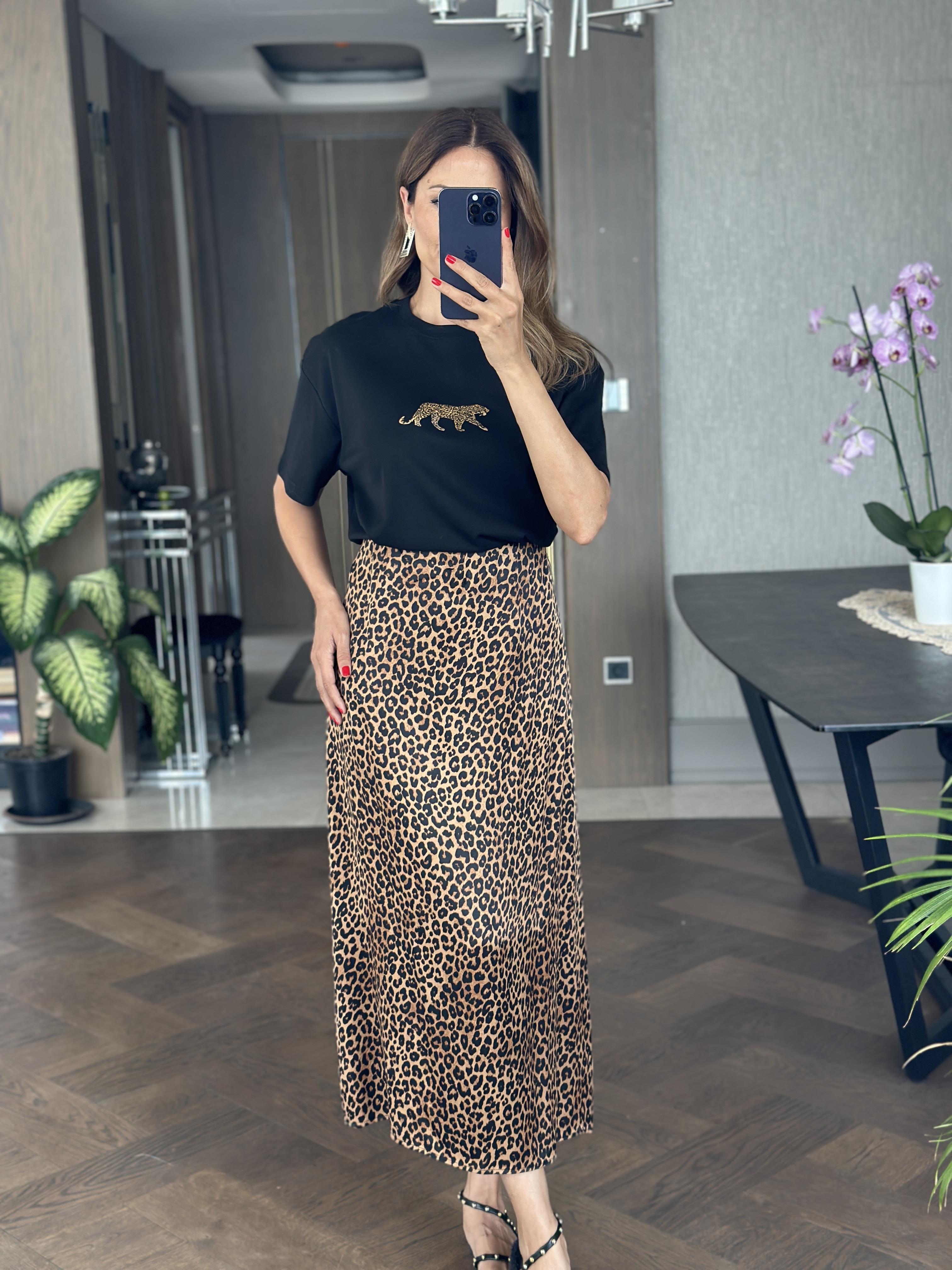 Kahverengi Leopar Desen Midi Boy Saten Kadın Etek