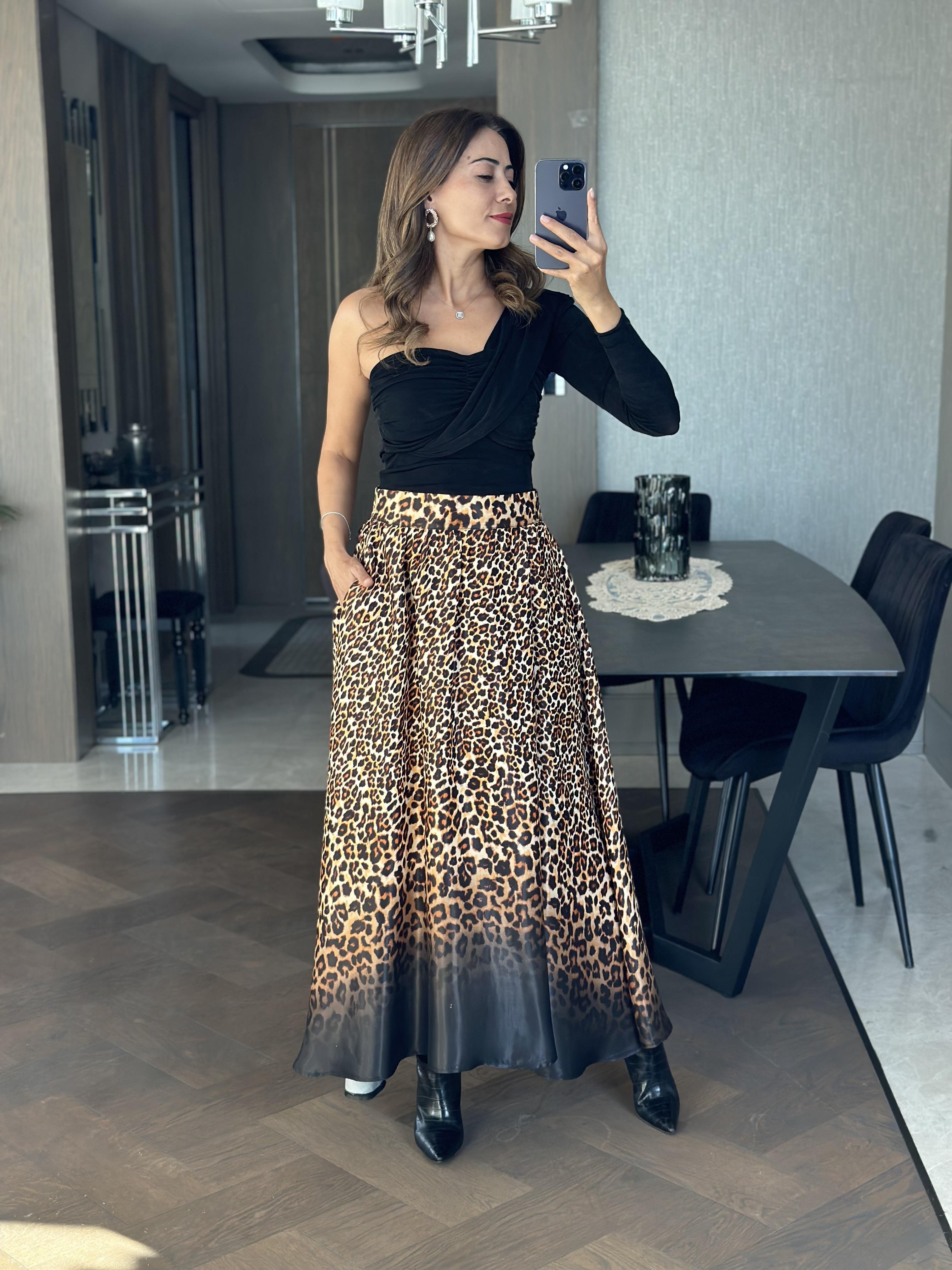 Kahverengi Leopar Desen Orjinal Marka Cepli Kadın Saten Etek