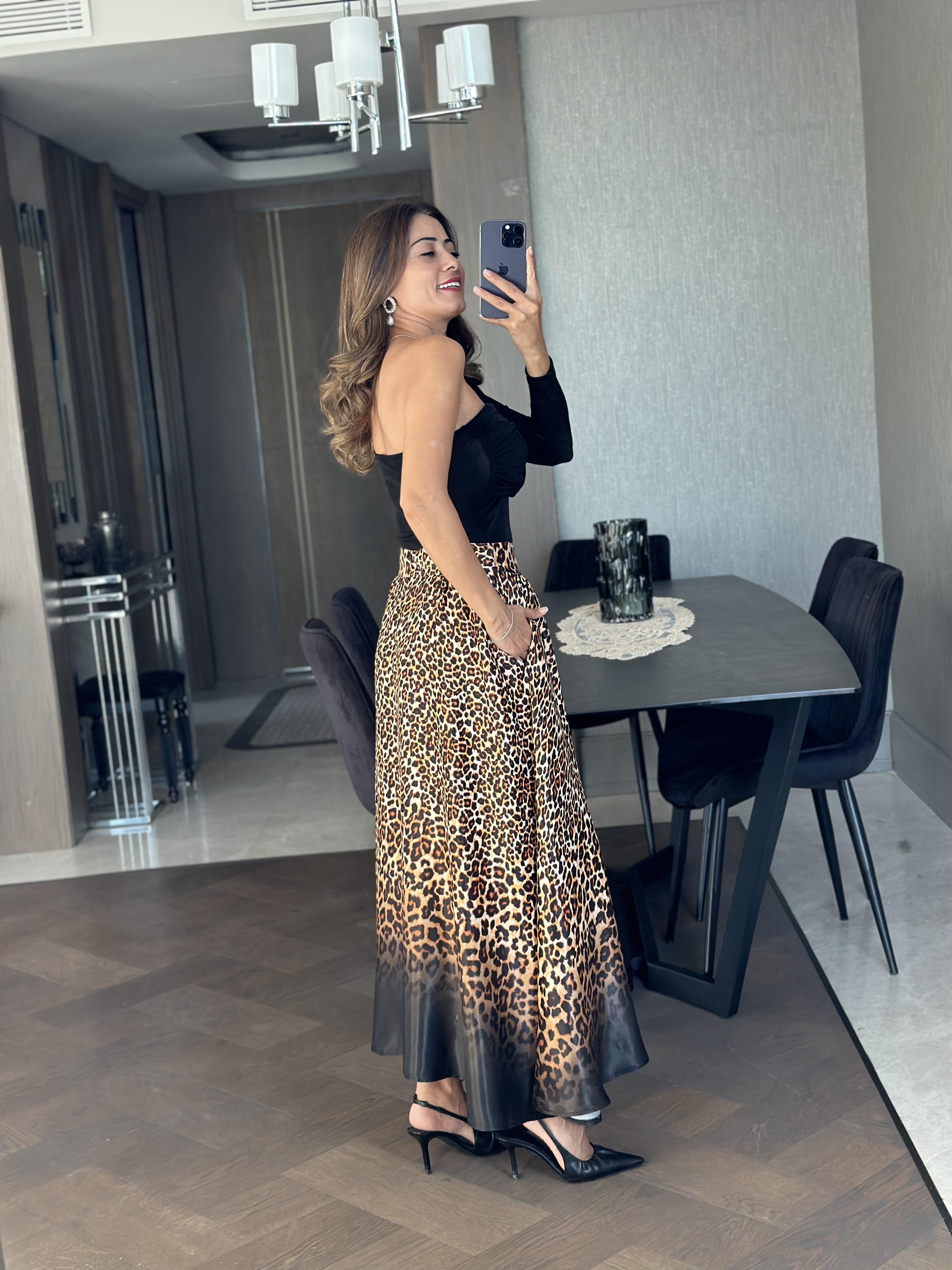 Kahverengi Leopar Desen Orjinal Marka Cepli Kadın Saten Etek