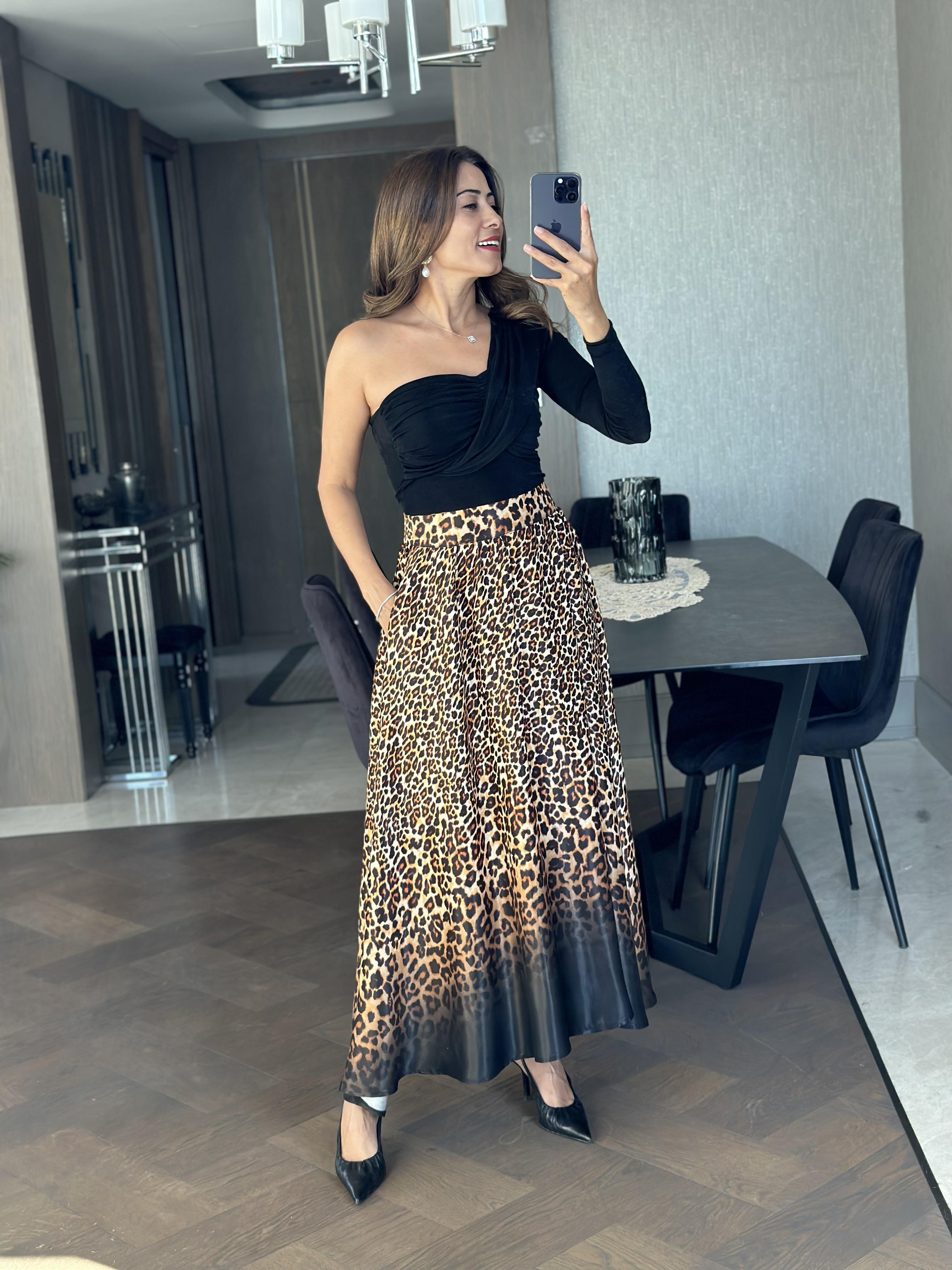 Kahverengi Leopar Desen Orjinal Marka Cepli Kadın Saten Etek