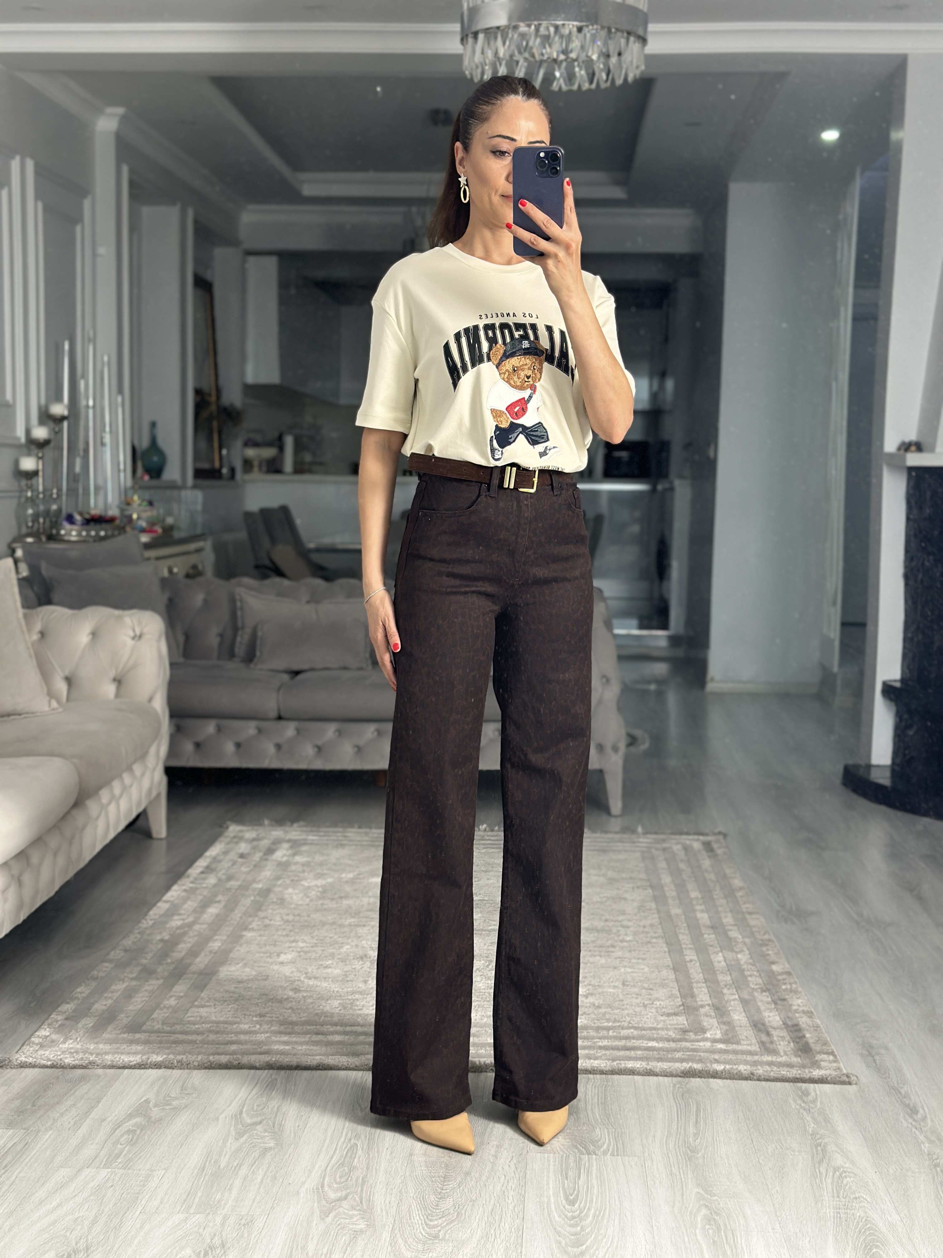 Kahverengi Leopar Desen Wide Leg Kadın Jean Pantolon