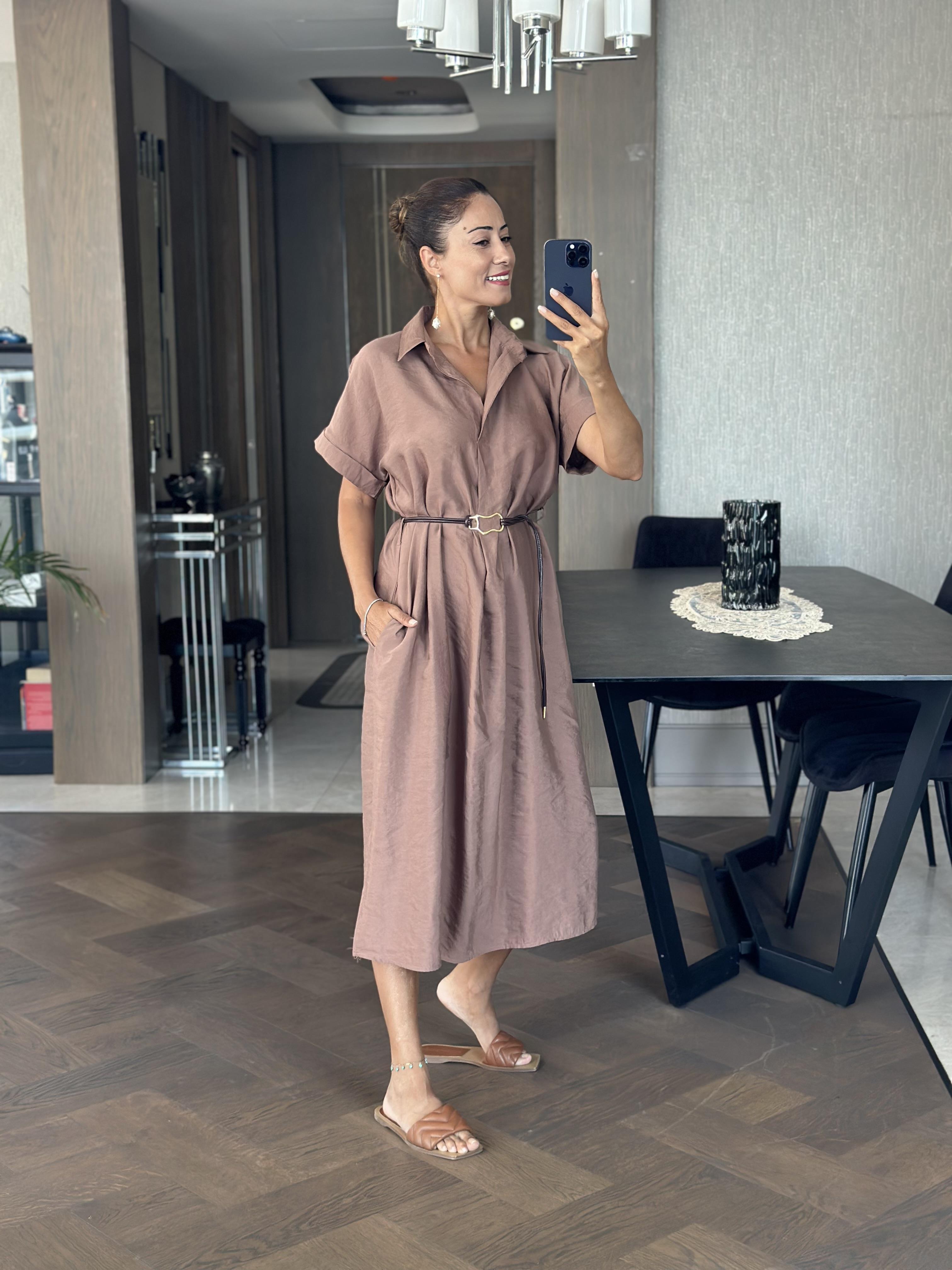 Kahverengi Masimo Gömlek Yaka Çift Yırtmaçlı Midi Boy Tnsel Kadın Gömlek Elbise 