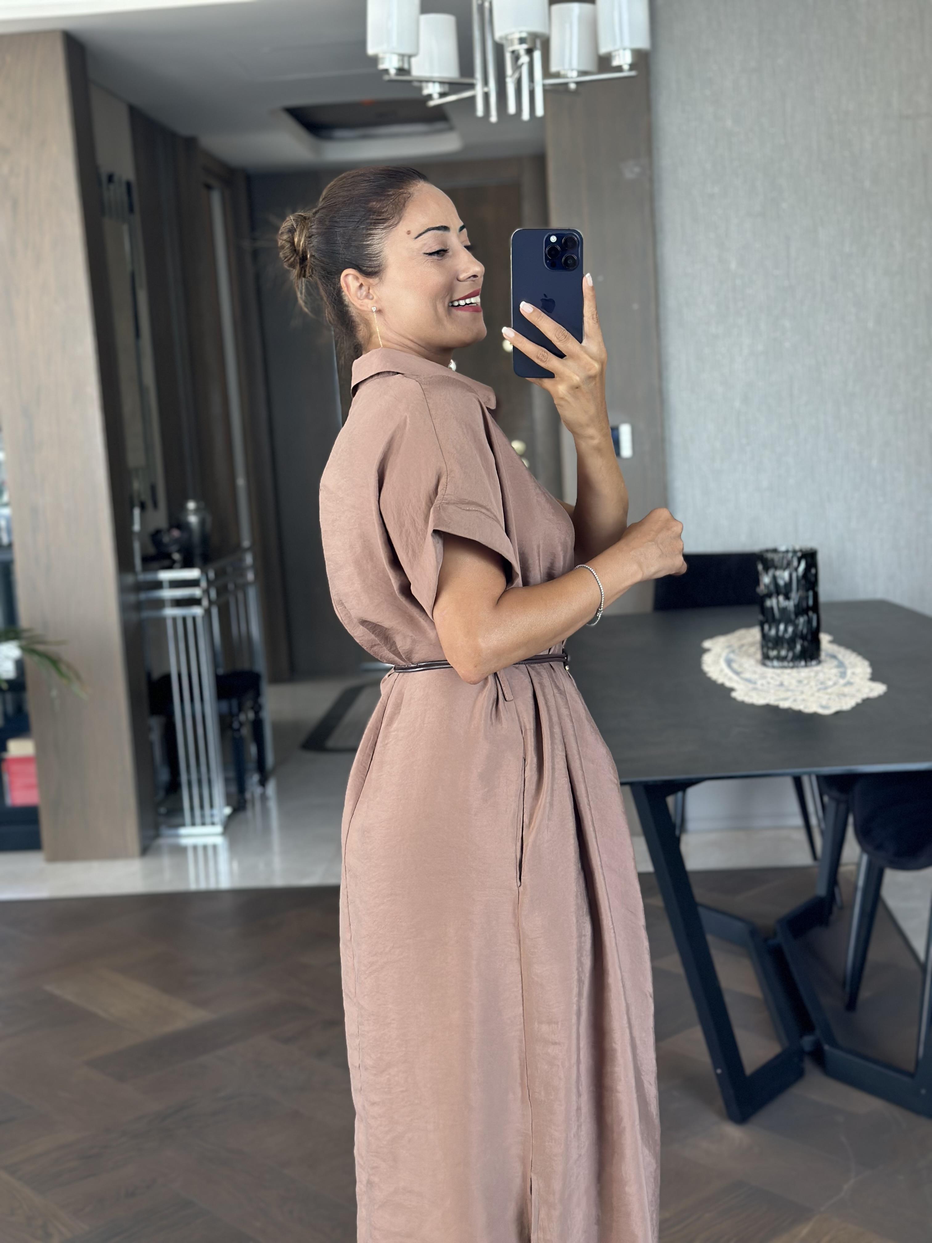 Kahverengi Masimo Gömlek Yaka Çift Yırtmaçlı Midi Boy Tnsel Kadın Gömlek Elbise 