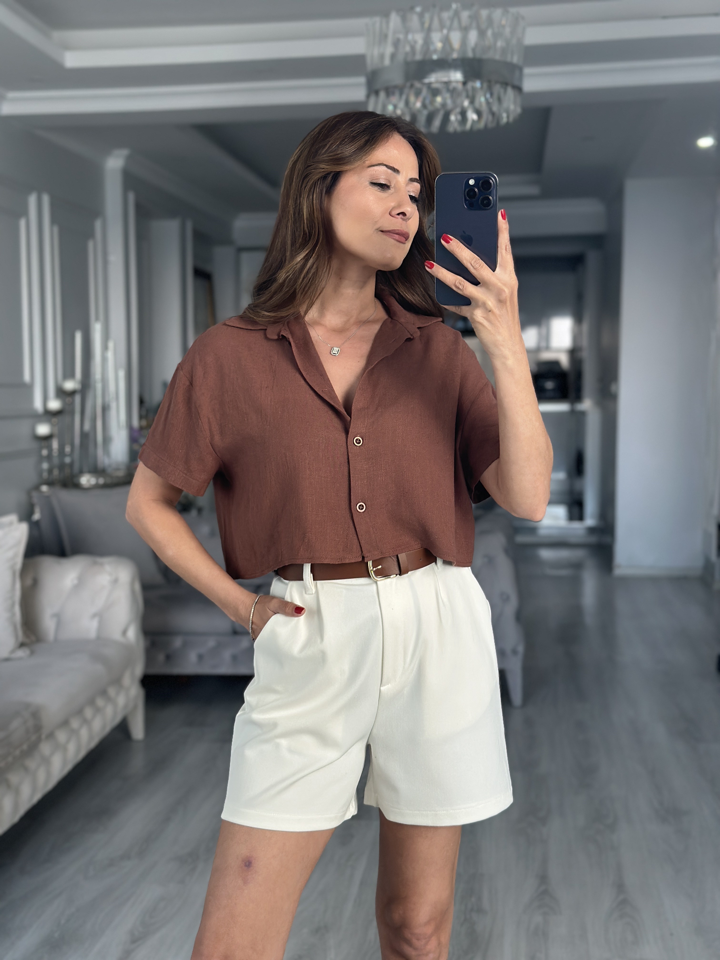 Kahverengi Mass Model Keten Kadın Crop Gömlek