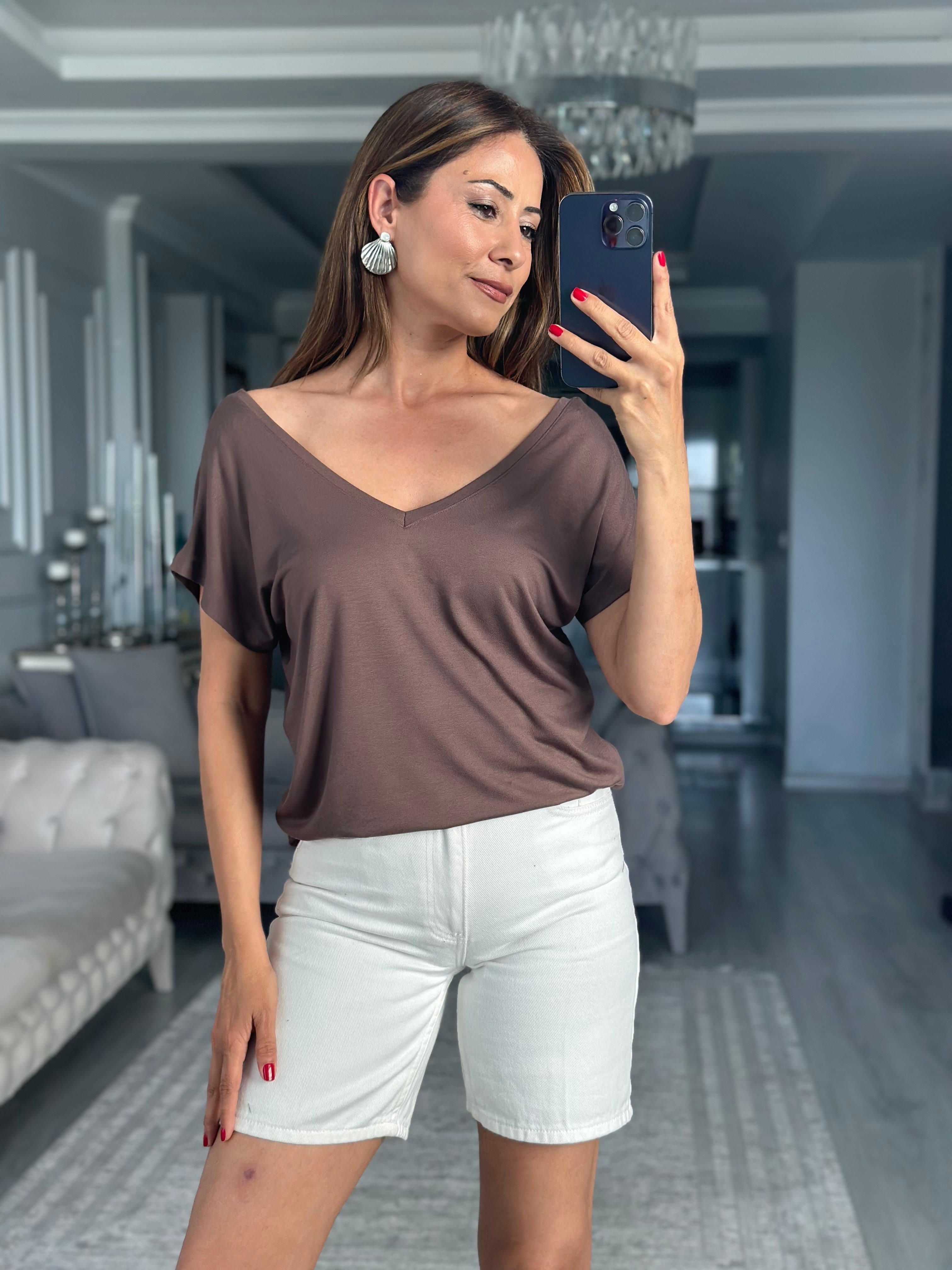 Kahverengi Ön Arka V Yaka Kısa Kol Kadın T-Shirt