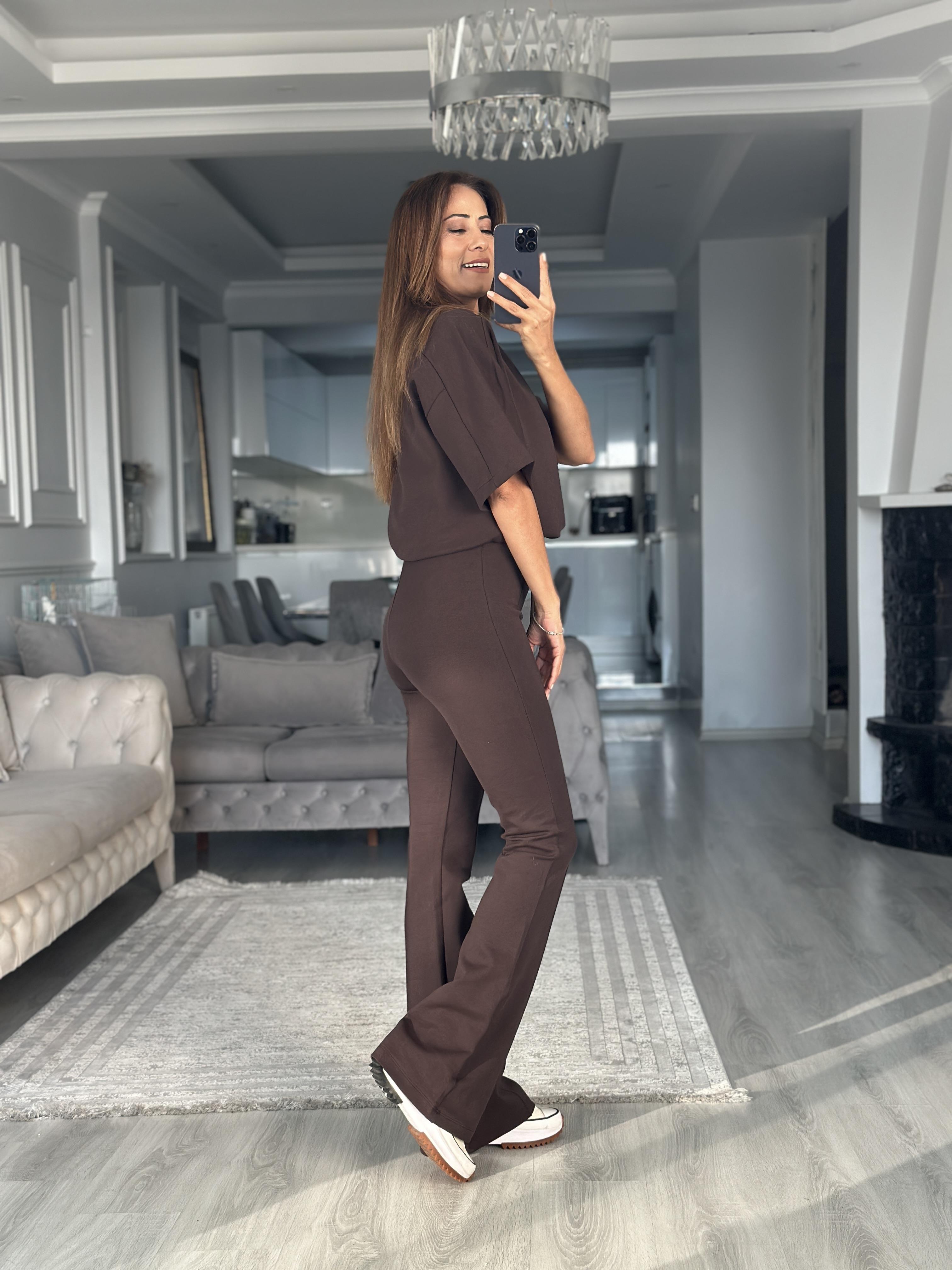 Kahverengi Oversize T-shirt Cepsiz Pantolon İnterlok Kadın İkili Takım