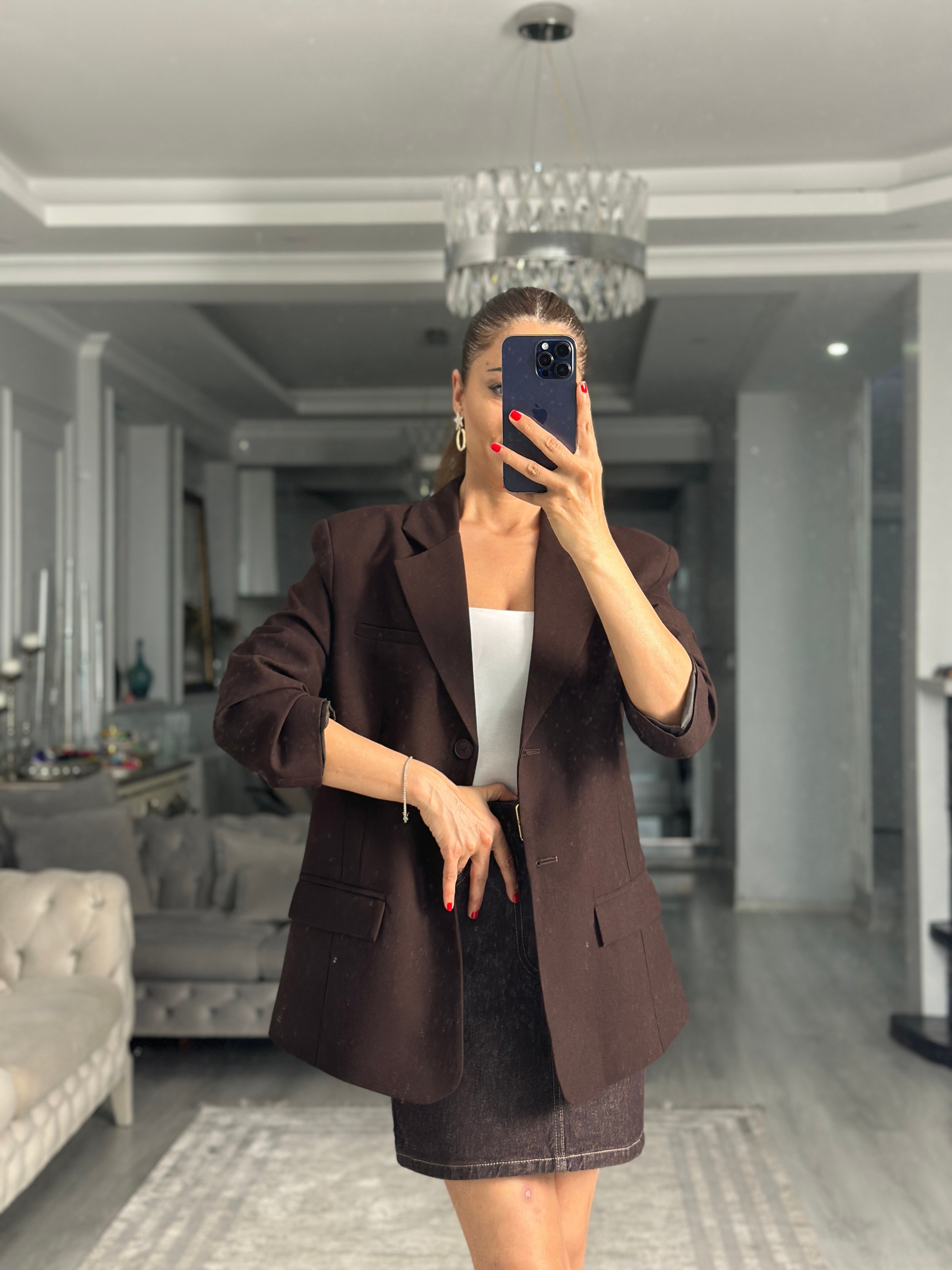 Kahverengi Premium Blazer Düğmeli Kadın Ceket