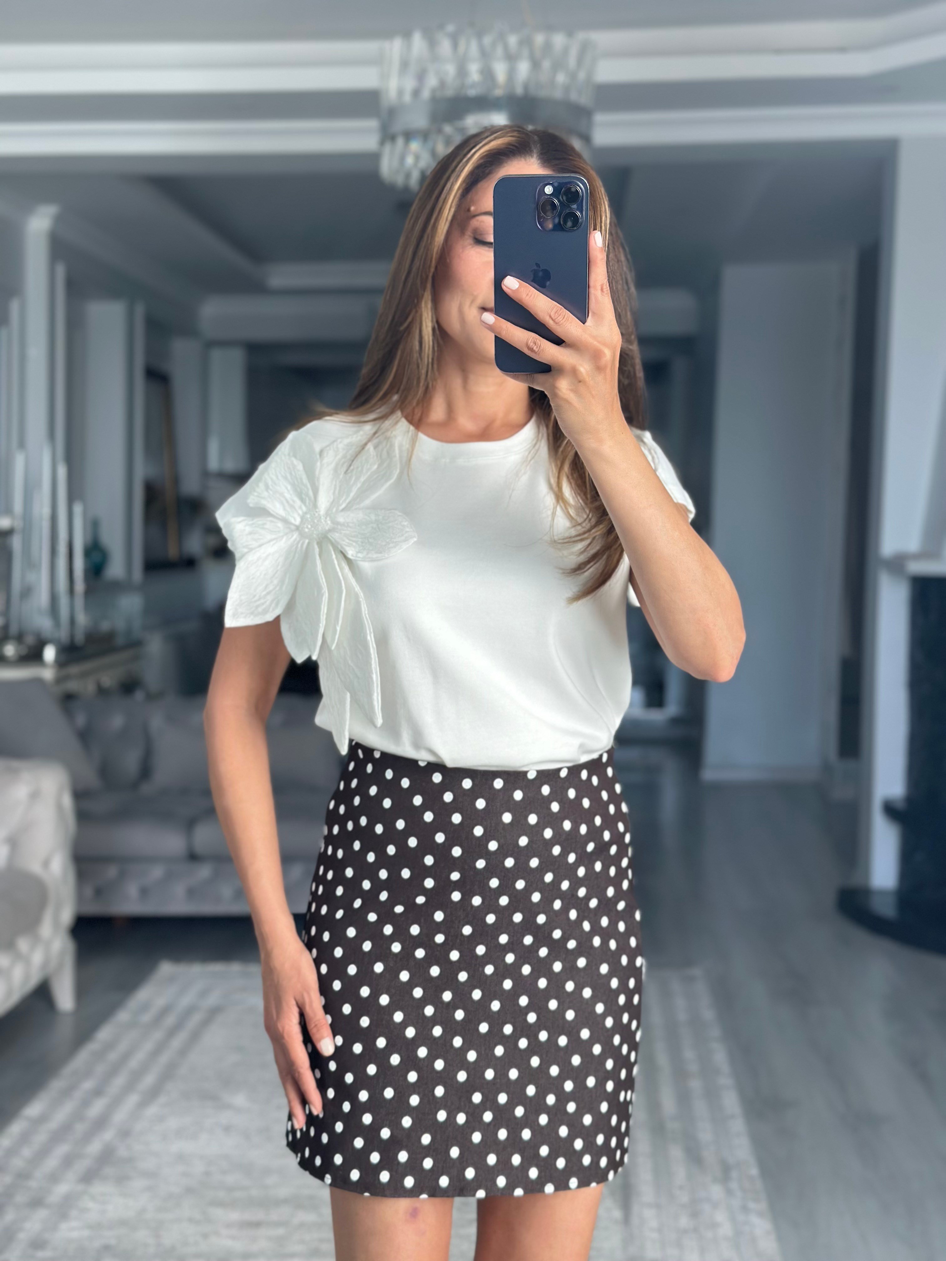 Kahverengi Puantiyeli Denim Kadın Mini Etek